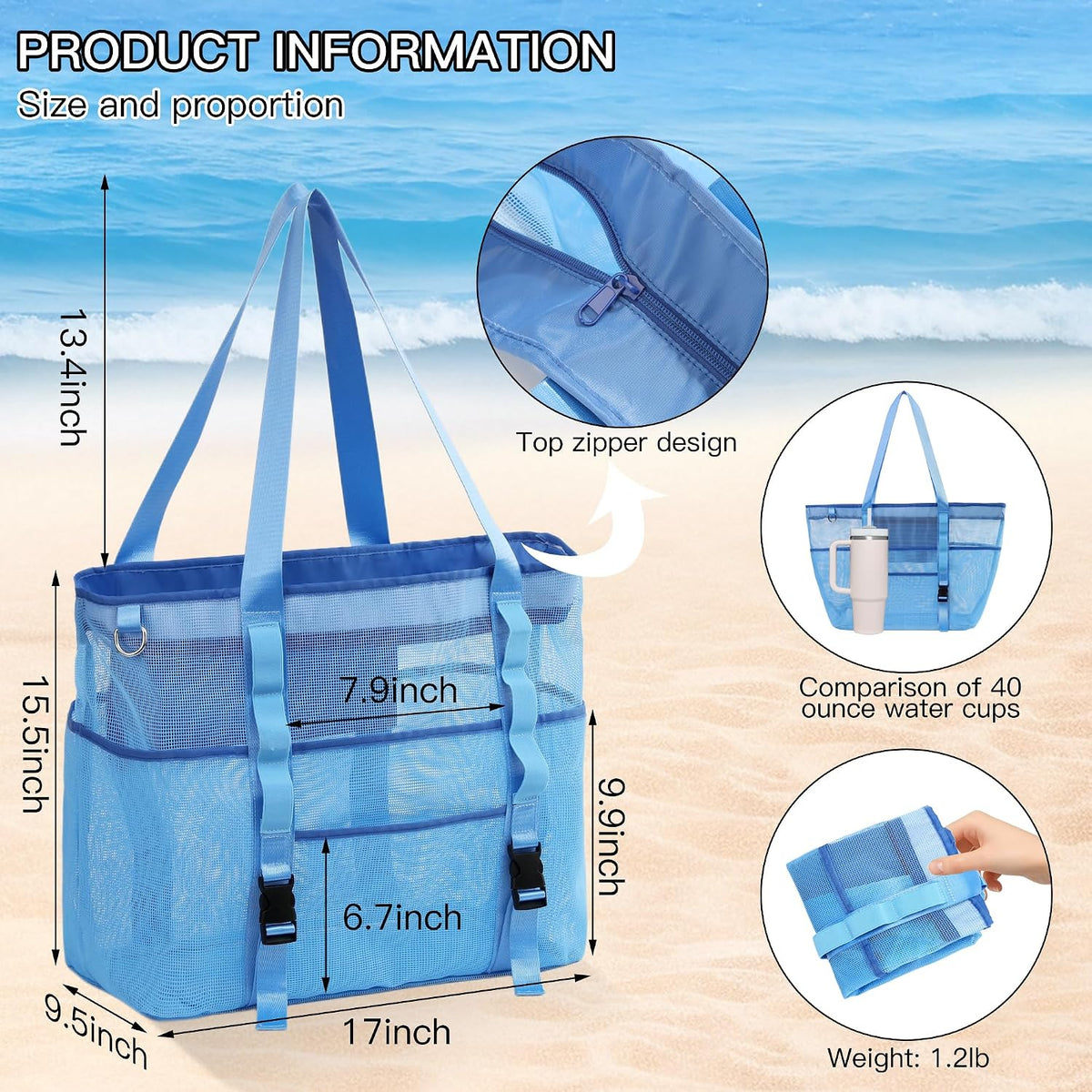 Large Mesh Beach Tote Bag with Top Zipper