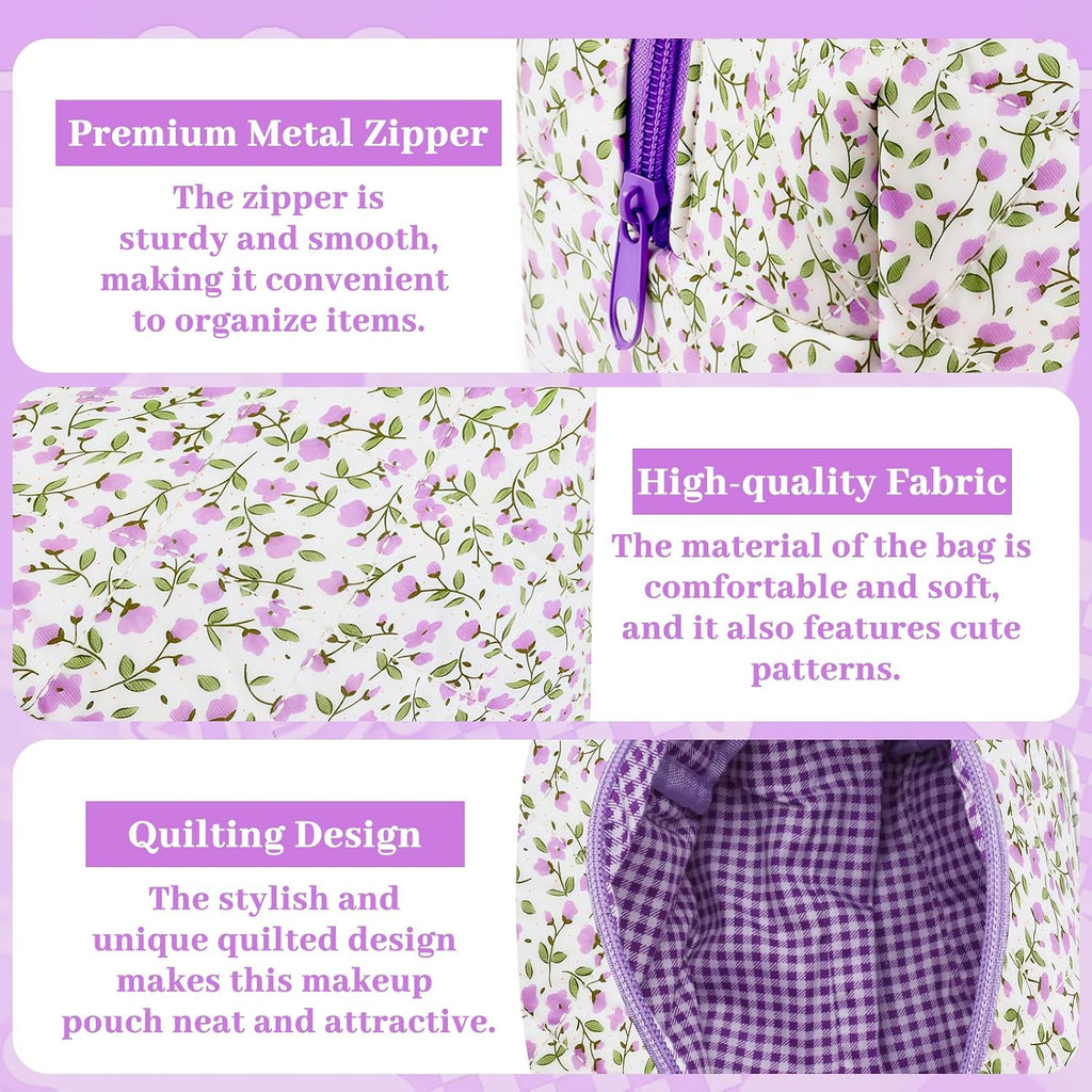URSKYTOUS Quilted Makeup Bag Floral Large Cosmetic Bag Cotton Puffy Makeup Organizer Coquette Cute Travel Makeup Pouch Kawaii Aesthetic Portable Toiletry Storage Bag for Women Girls (Purple)