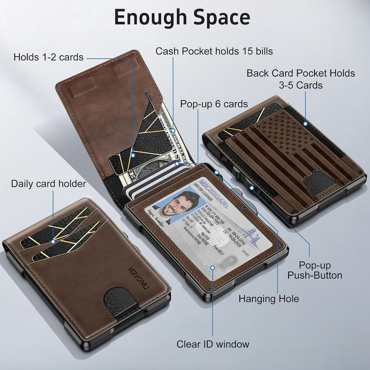 umoven Wallet for Men Minimalist RFID‑Blocking Slim Leather Card Holder Cash Slot (Coffee Brown)