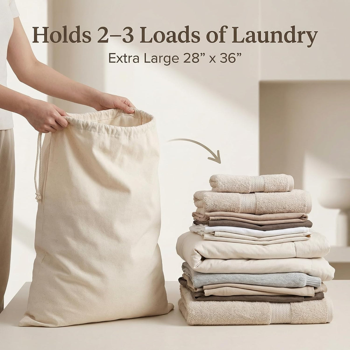 Urban Villa Laundry Bags 1-Pack 28”x36" Extra-Large Cotton Canvas Heavy Duty Washable Durable Travel Laundry Sacks with Drawstring Closure Reusable Hamper Liners for Dirty Clothes Delicates & Lingerie