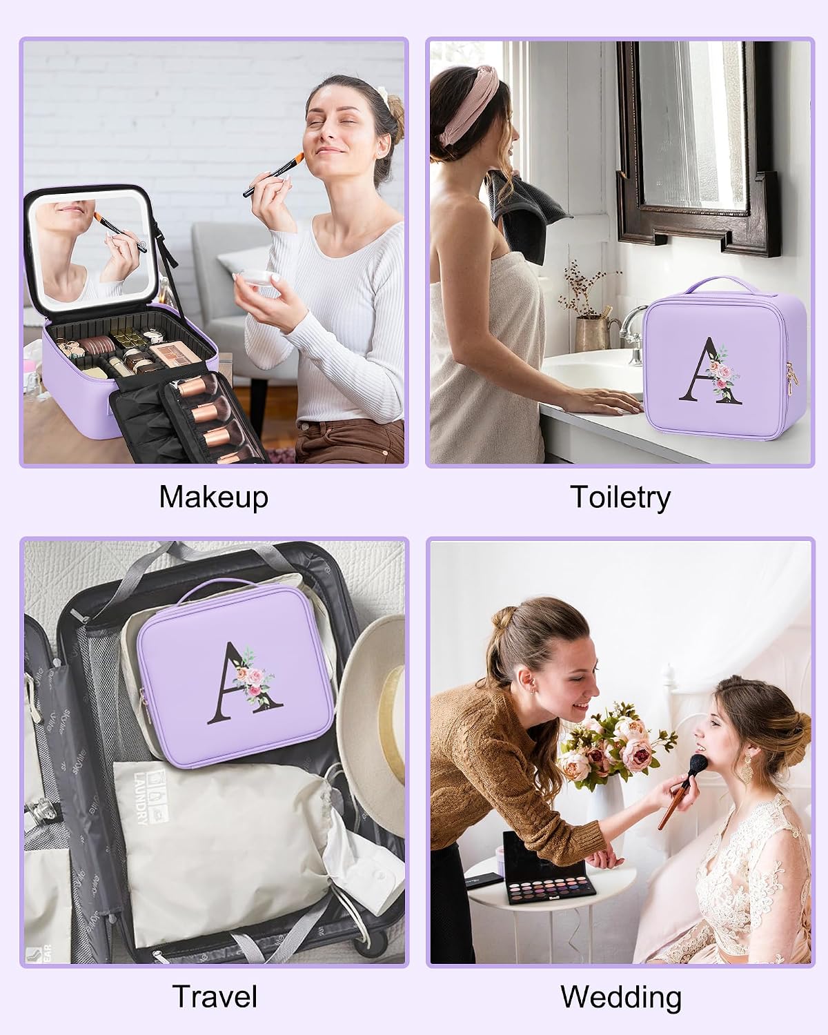 Relavel Initial Makeup Bag, Mothers Day Gifts for Mom, Birthday Gifts for Women, Makeup Case with LED Mirror, Monogram Cosmetic Bag Train Case, Personalized Gifts for Girls Friends Wife, Purple M