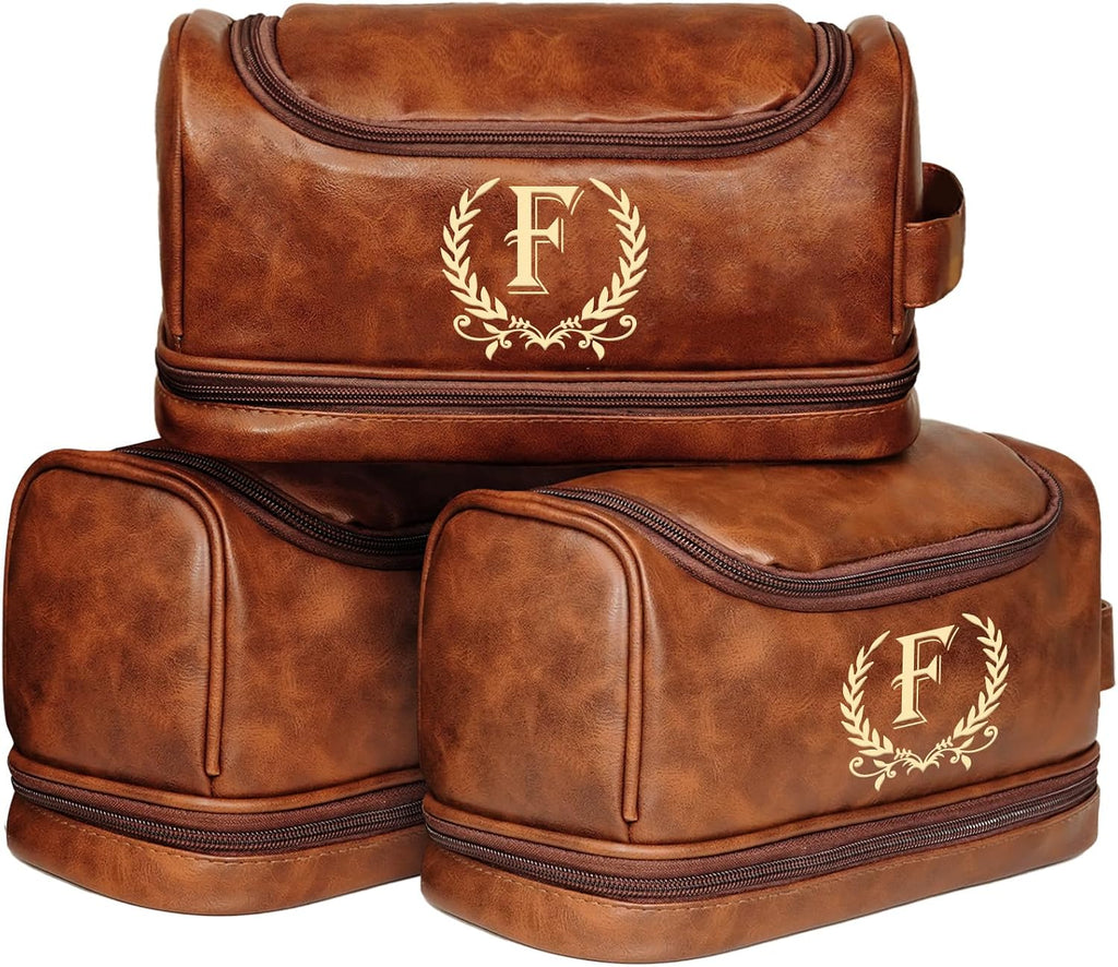 Personalized Gifts Toiletry Bag for Men Custom Mens Toiletry Travel Bag Initial Leather Toiletries Mens Gifts for Birthday Christmas Dad Husband Groomsmen Boyfriend - Brown F