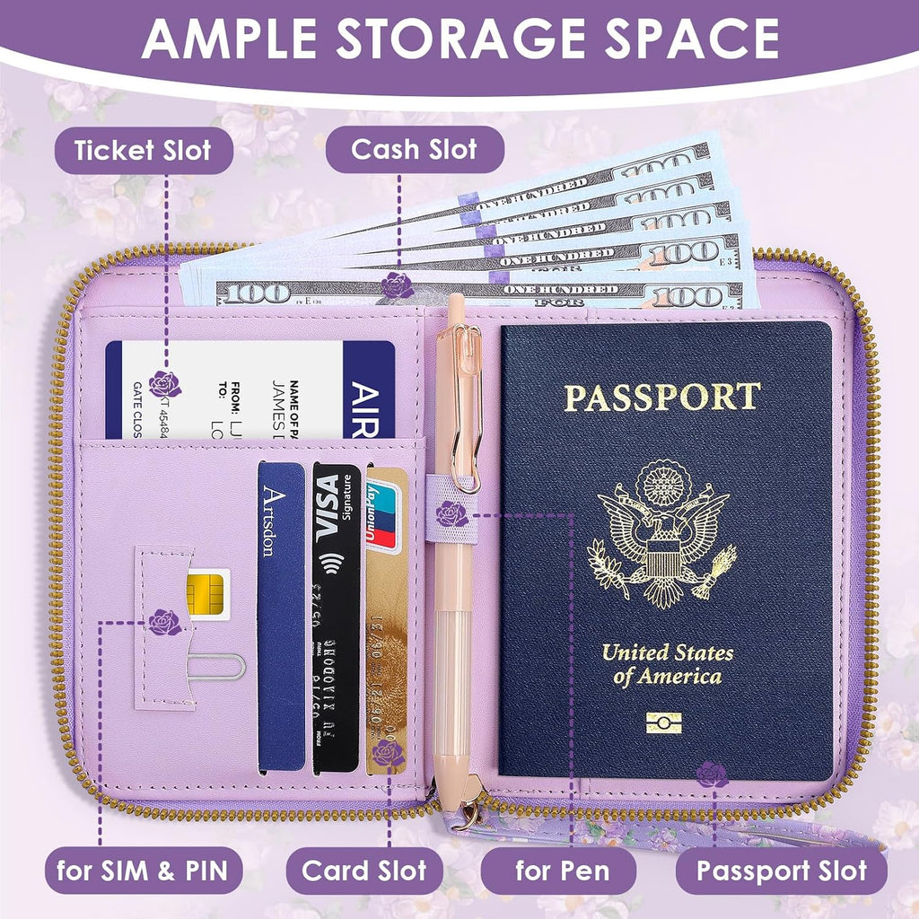 KONVINIT Purple Passport Holder For Travel, RFID Blocking Leather Passport Cover For Women, Cute Passport Wallet with Zipper Closure
