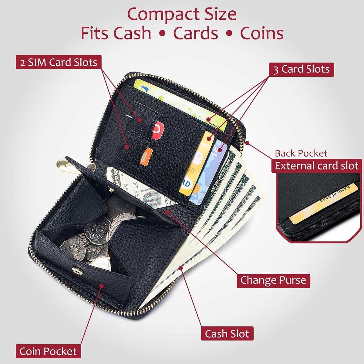 RFID Blocking Leather Wallets for Women, Zip Around Small Wallet
