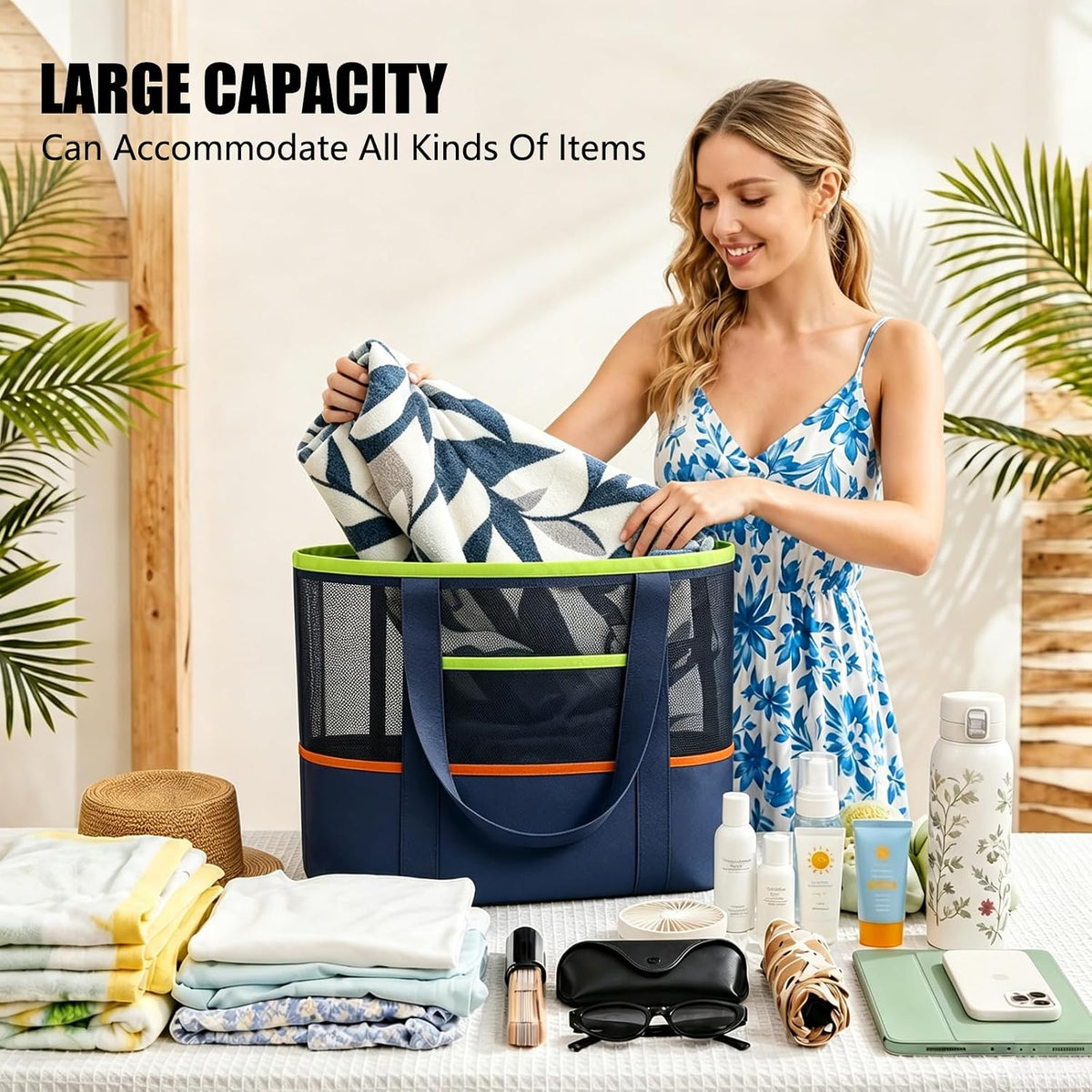 UBasic UBsic Mesh Beach Bag with Zipper Large Tote Foldable Mesh Travel Bag