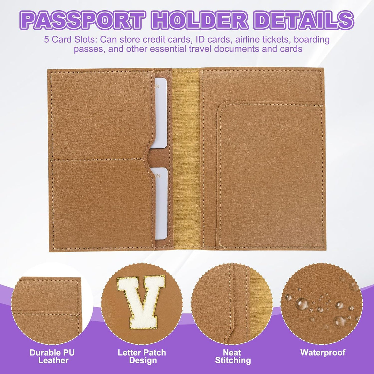 PATIKIL Passport Holder for Travel, Initial Passport Cover and Luggage Tag Set with Alphabet Chenille Letter Patch Travel Wallet Bag Suitcase Identifier for Women Family Travel Brown V