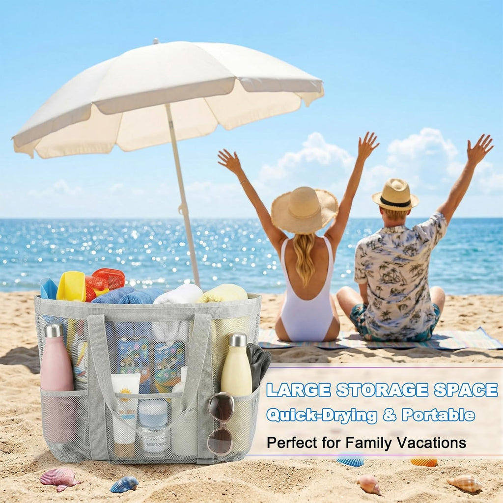 Large Beach Bag for Women, Mesh Beach Tote with Waterproof Pocket, Quick Dry Swim Tote Bag for Family Travel Vacation