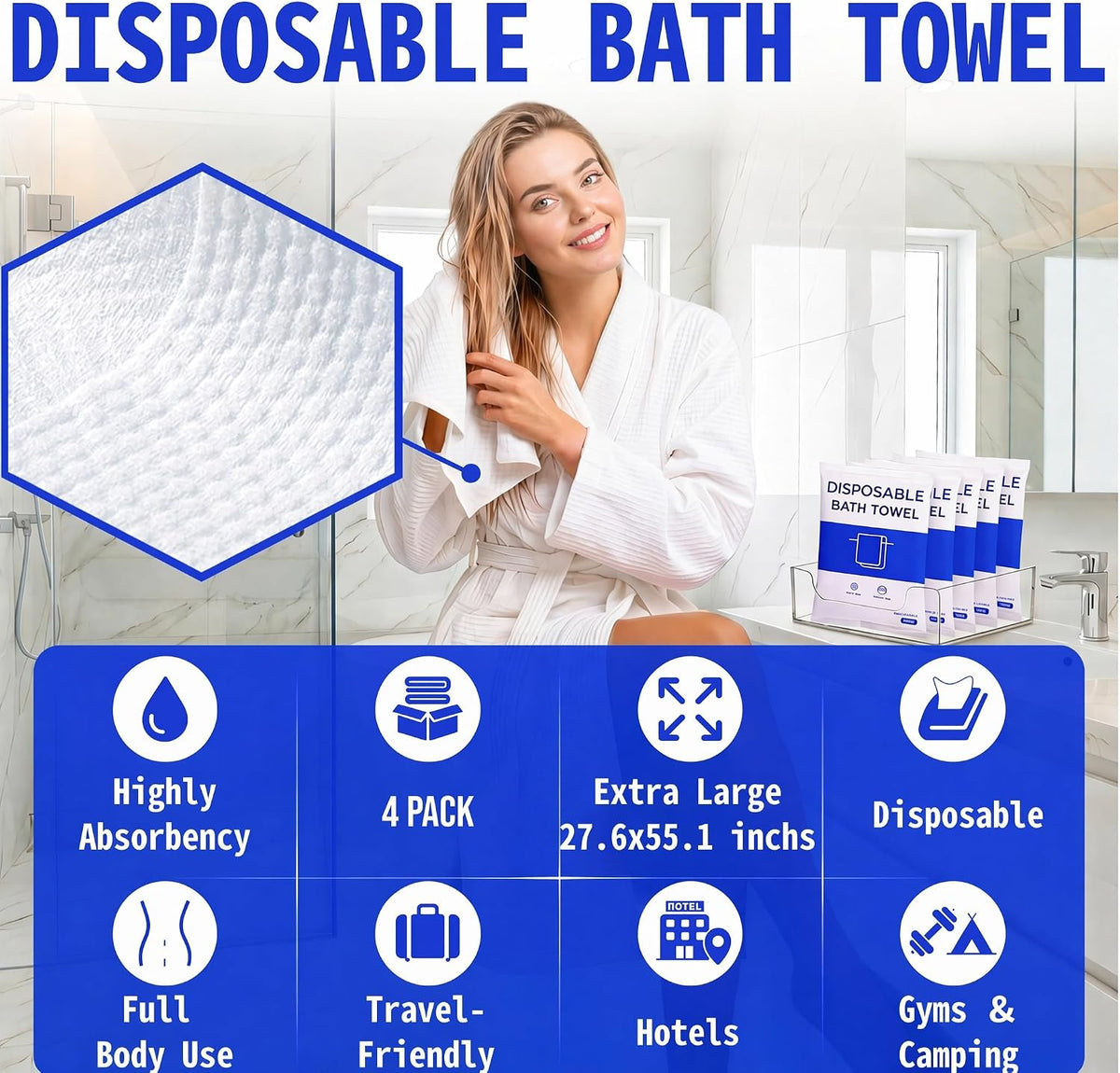 Extra Large Highly Absorbent Disposable Bath Towels for Travel – 4 Pack