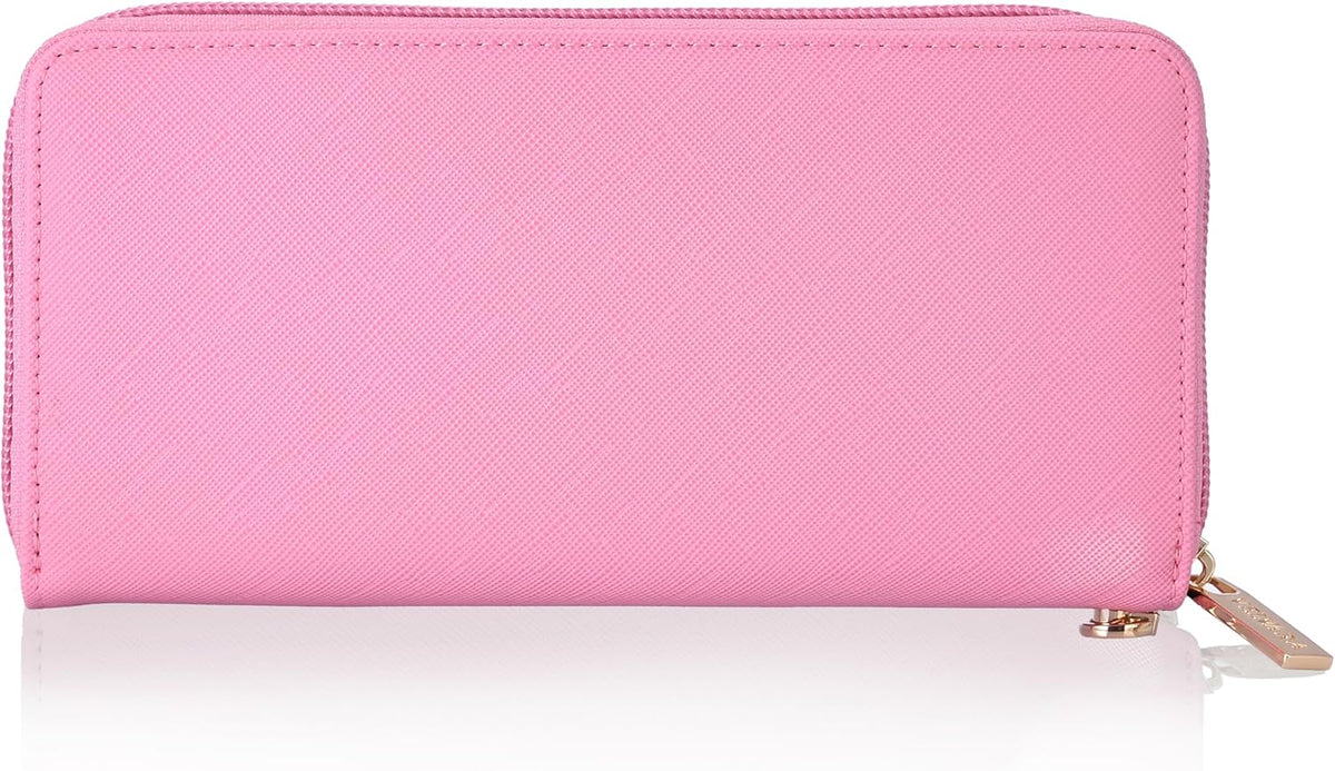 Women’s RFID Blocking Wristlet Wallet, Slim PU Leather Bifold Card Holder with Zip-Around Closure and Wrist Strap, Pink