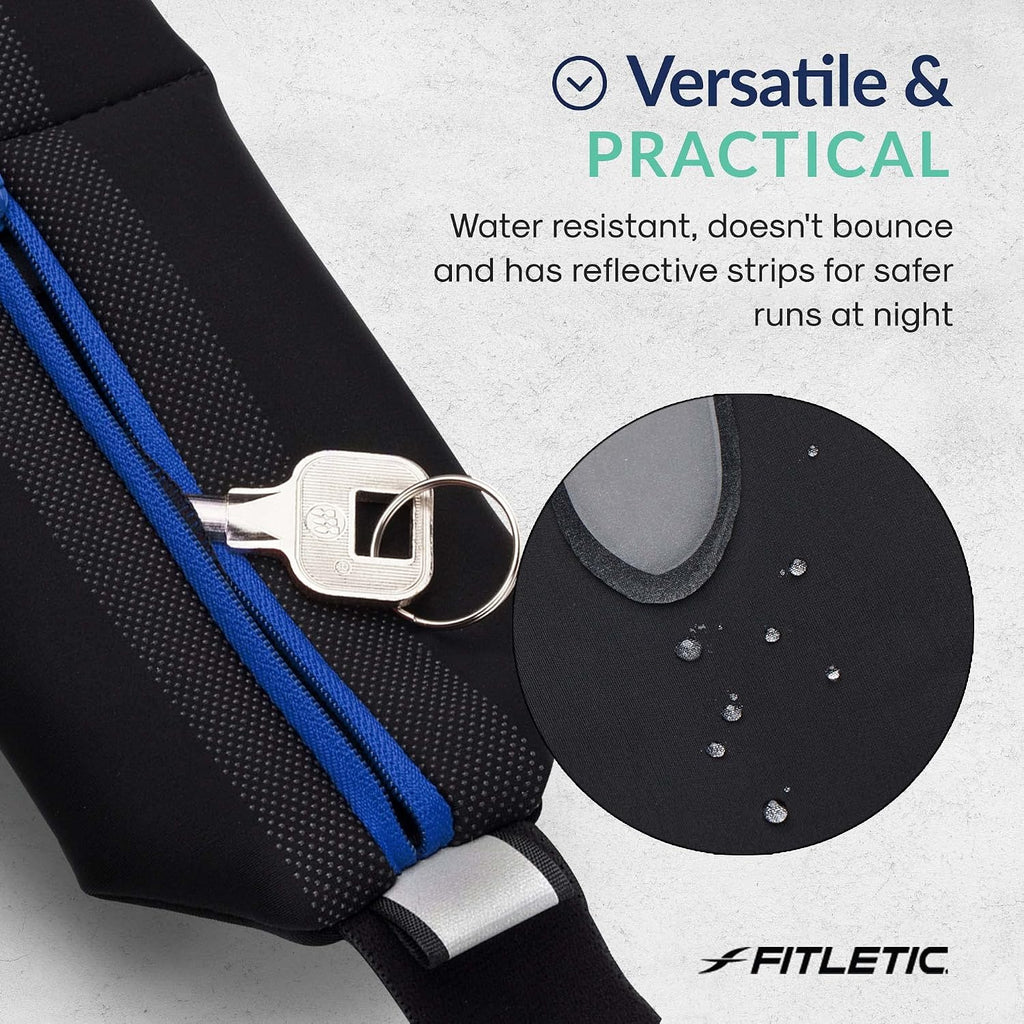 Fitletic Bolt Double Pocket Running Belt & Active Fanny Pack For Men & Women – Water Resistant, Lightweight Sleek Design – Patented No Bounce Hip Hugging Fit – Holds Any Phone