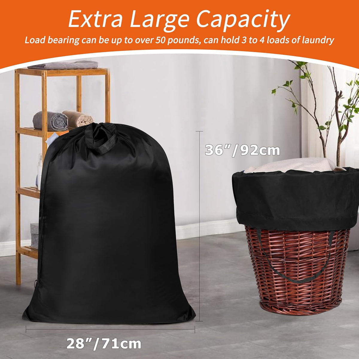 Polecasa Extra Heavy Duty X-Large Laundry Bag with Handles, Black, 28x36"
