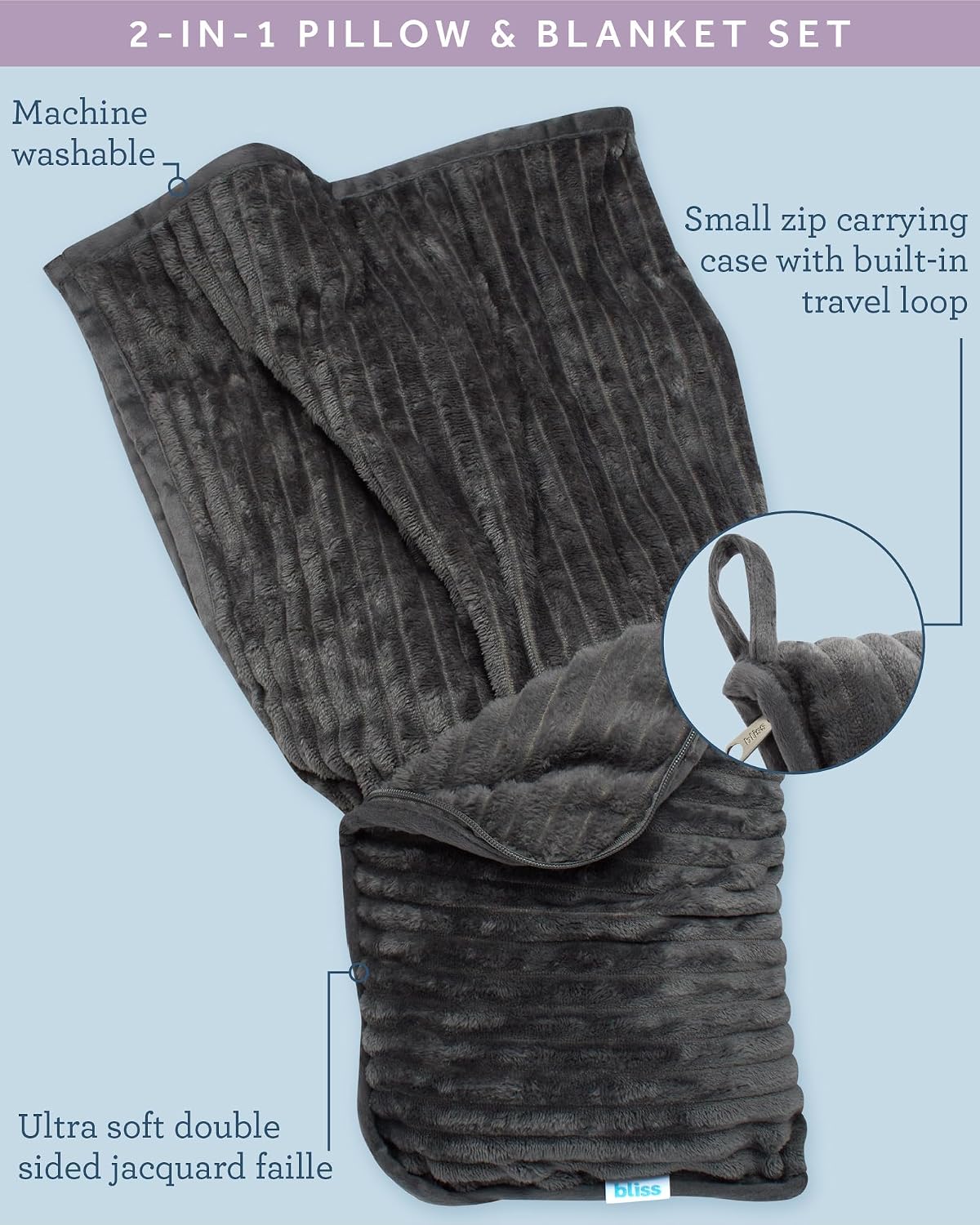Bliss Faille Travel Pillow & Blanket Set, 2-in-1, Compact