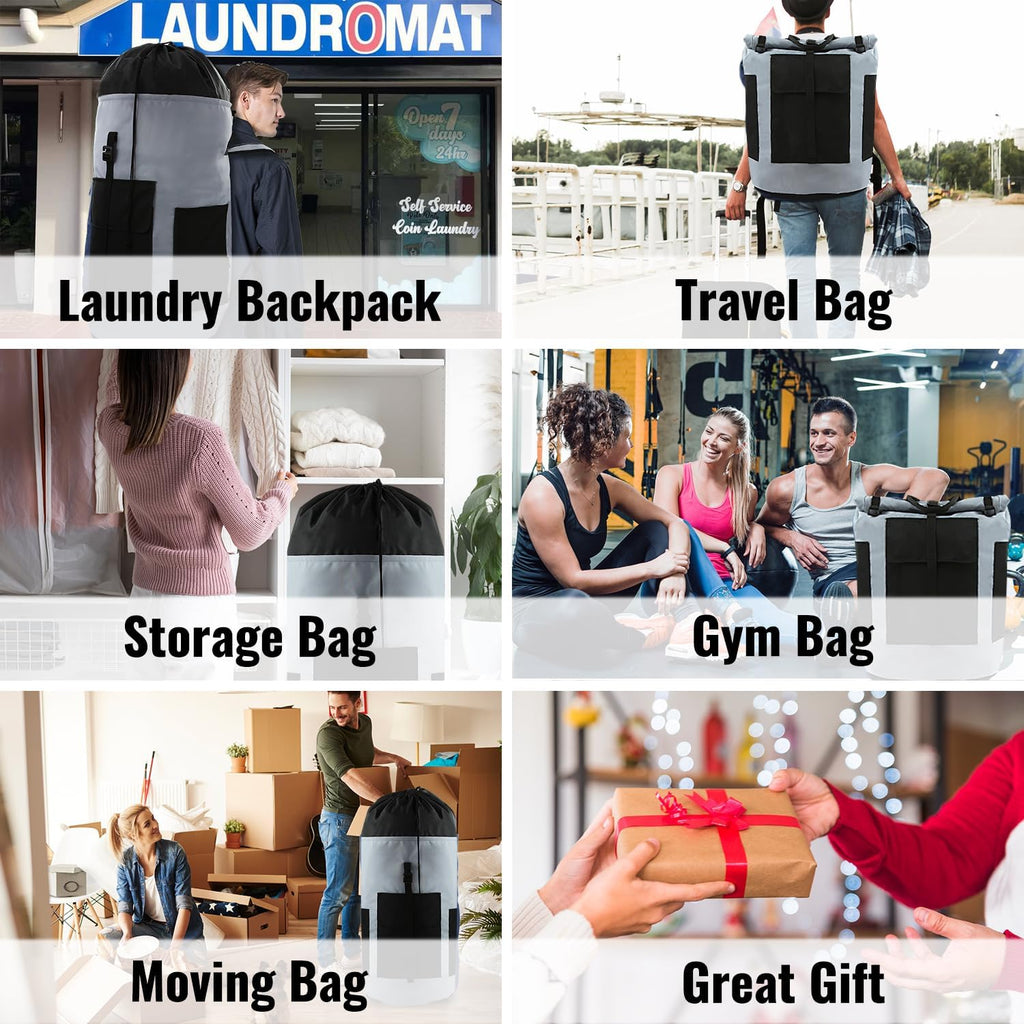 Laundry Bag Backpack 125L Extra Large, Heavy Duty 900D Coated Oxford Fabric, 3 Pockets Durable Travel Laundry Bags with Soft Padded Shoulder Straps for College Dorm, Apartment, Laundromat (Grey)