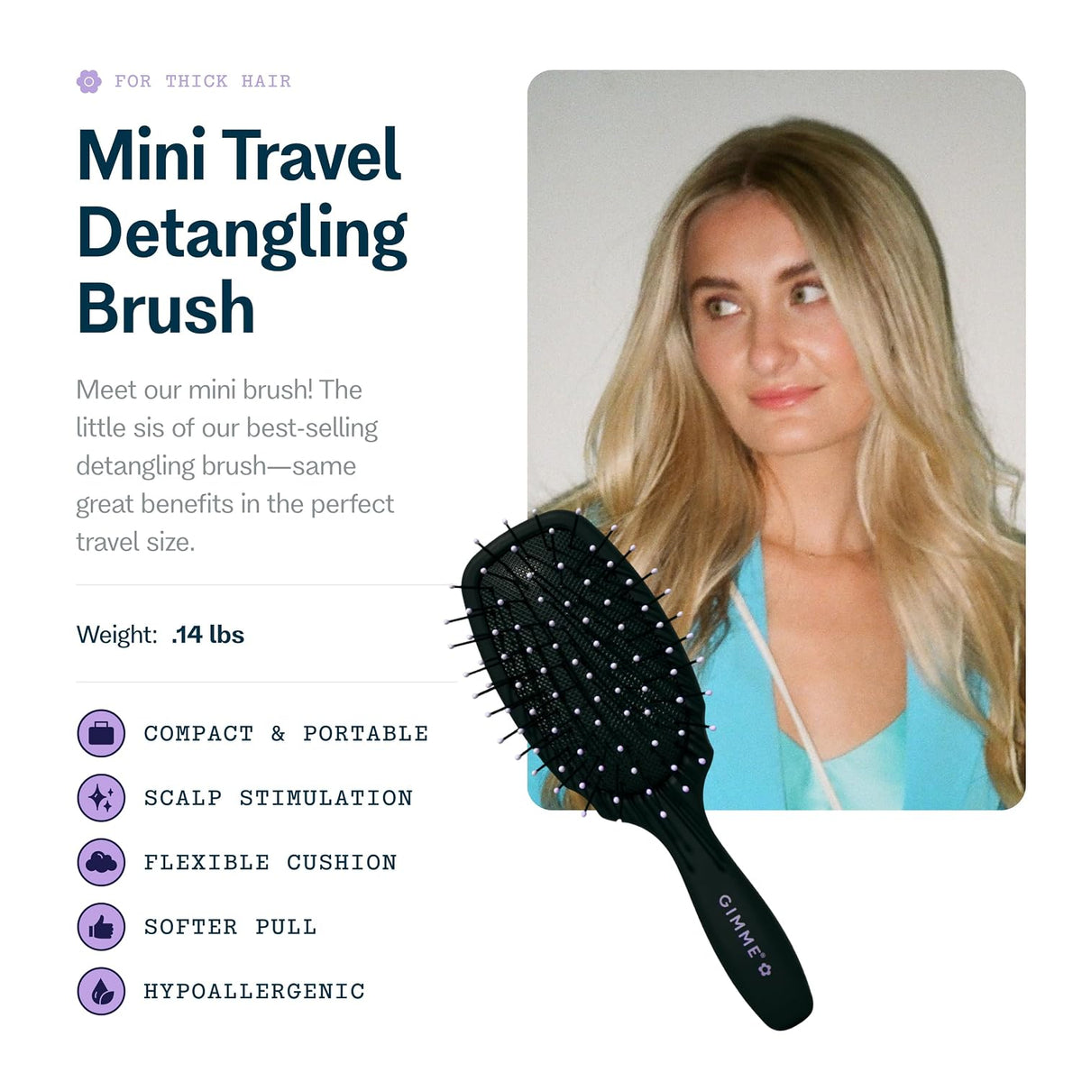 Gimme Hair Brush Mini Travel Detangler, Thick Hair, Black