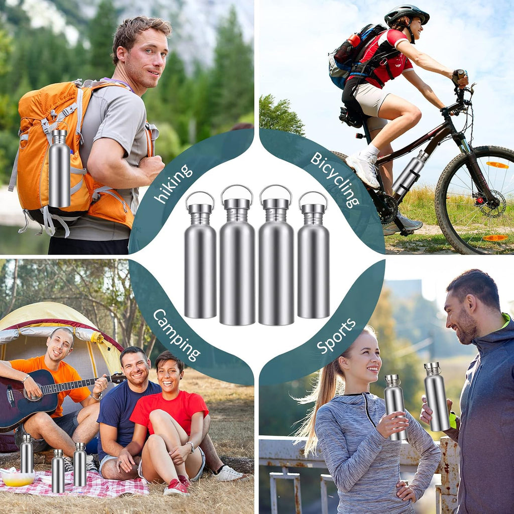 CHENGU 4 Pack Single Wall Stainless Steel Water Bottles 304 18/8 Metal Water Bottle Camping Bottles for Sports, Cyclists, Runners (Silver,26 oz)