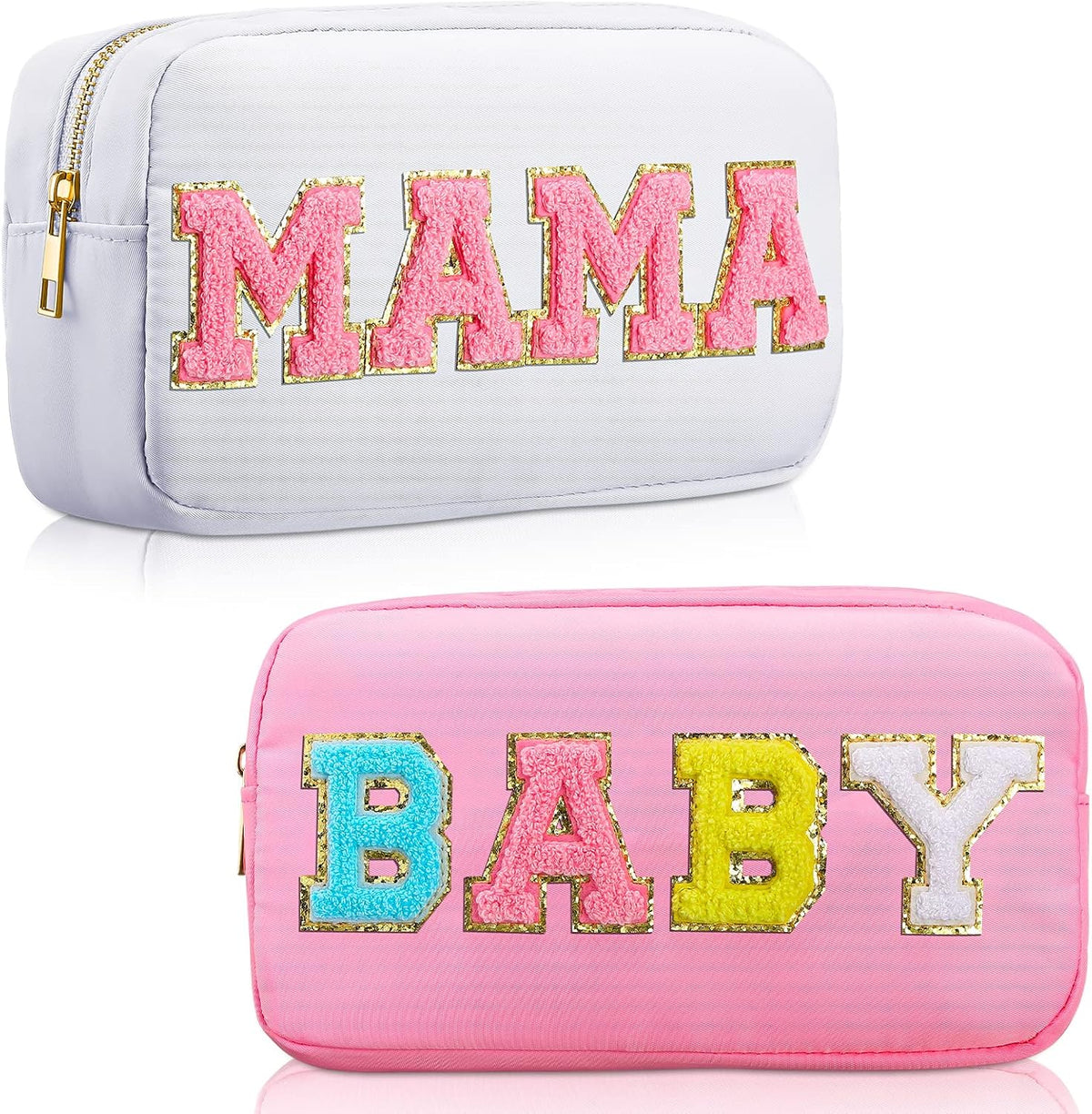 Sanwuta 2 Pcs Mama and Baby Makeup Bags Chenille,White, Pink,Baby and Mama