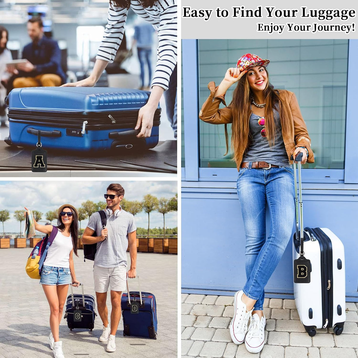 Personalized Initial A-Z Luggage Tag for Suitcases, PU Leather Luggage Tags with Privacy Cover Name Card, Black Cute Monogrammed Funny Luggage Baggage TSA Approved Tags for Women Kids(1 PACK Letter E)