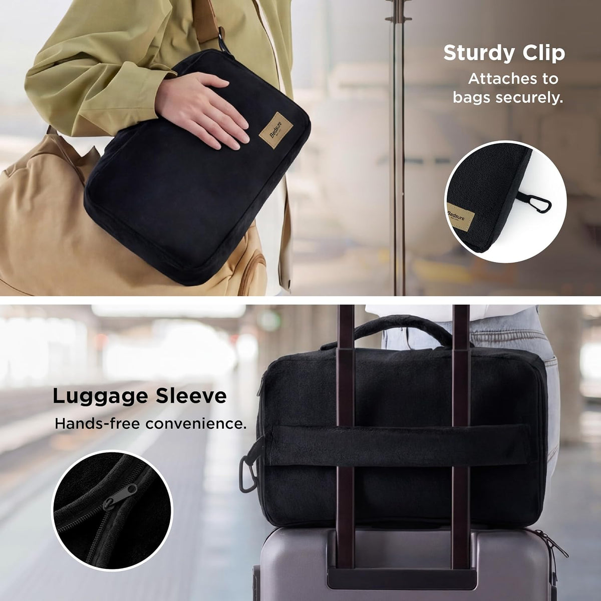 Bedsure Travel Blanket Set with Inflatable Neck Pillow and Eye Mask, Black
