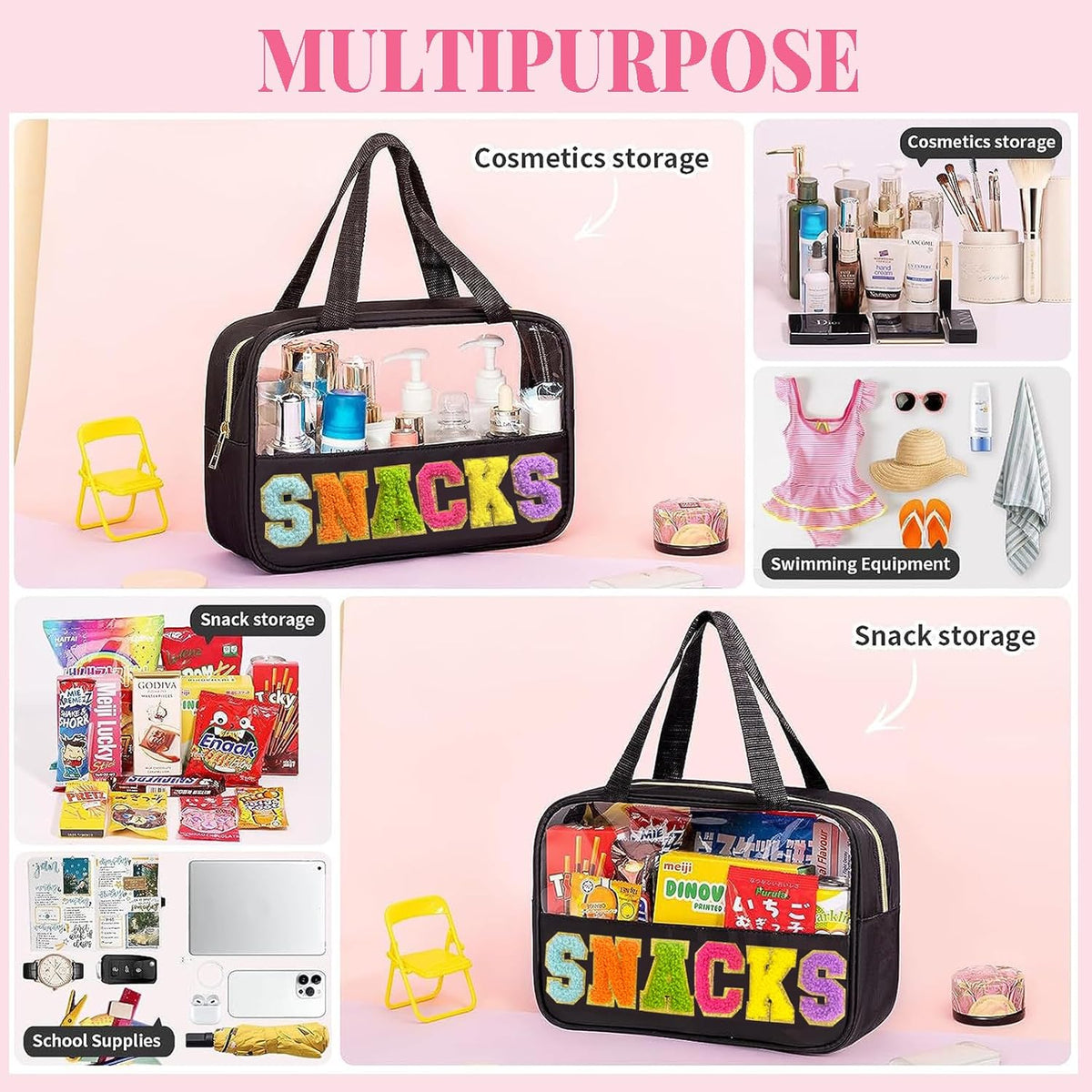 Kovewon Chenille Letter Snacks Bag Clear Snack Bag Pouch with Handle and Zipper Waterproof Nylon Portable Travel Tote Makeup Bag for Women