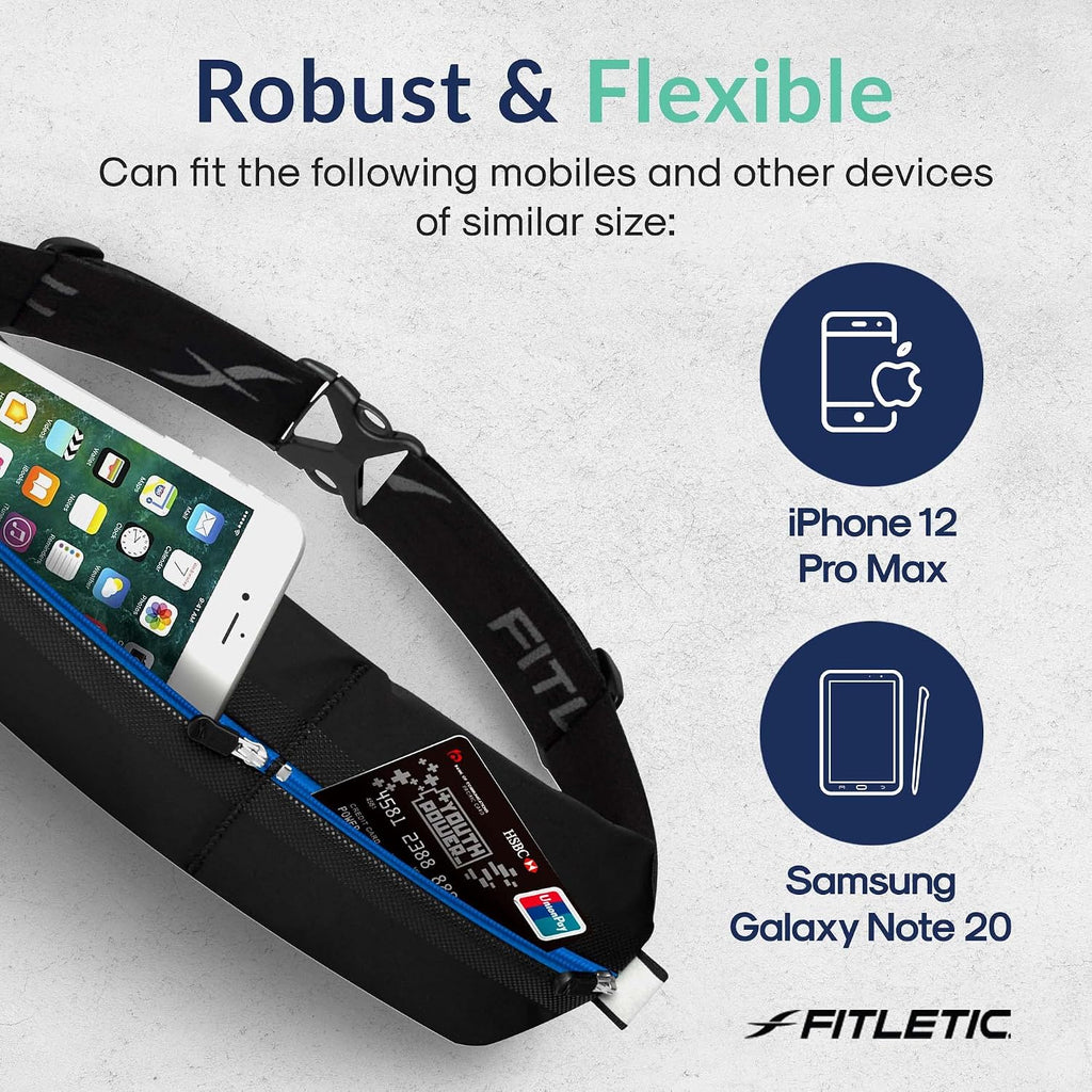 Fitletic Bolt Double Pocket Running Belt & Active Fanny Pack For Men & Women – Water Resistant, Lightweight Sleek Design – Patented No Bounce Hip Hugging Fit – Holds Any Phone