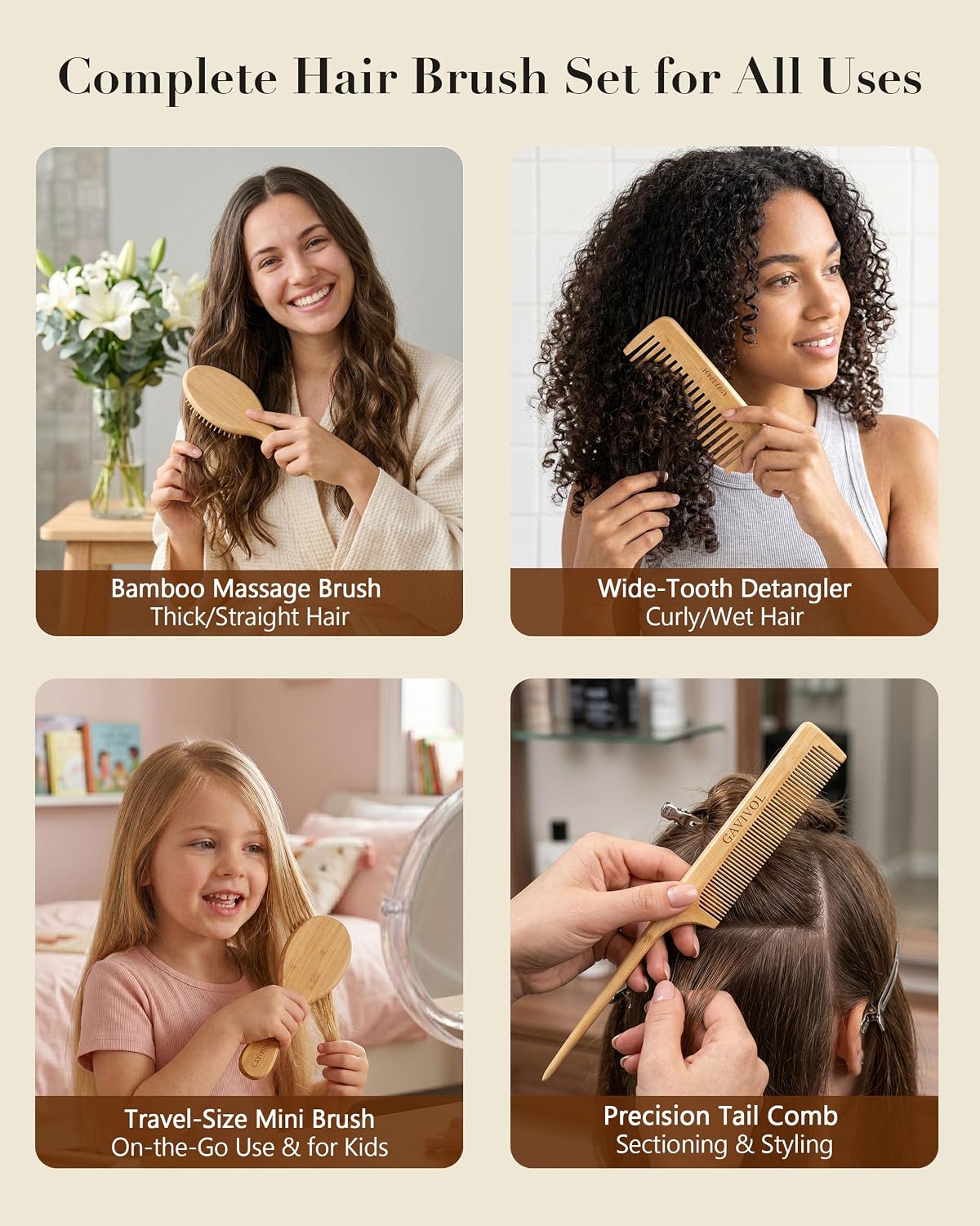 Bamboo Hair Brush 4 Piece Set,Large & Small Full Bamboo Cushion Massage Brush,Fine Tooth Tail Comb & Wide Tooth Comb,Paddle Detangling Brush for Dry, Curly and Wet Hair,for Women Men and Kids
