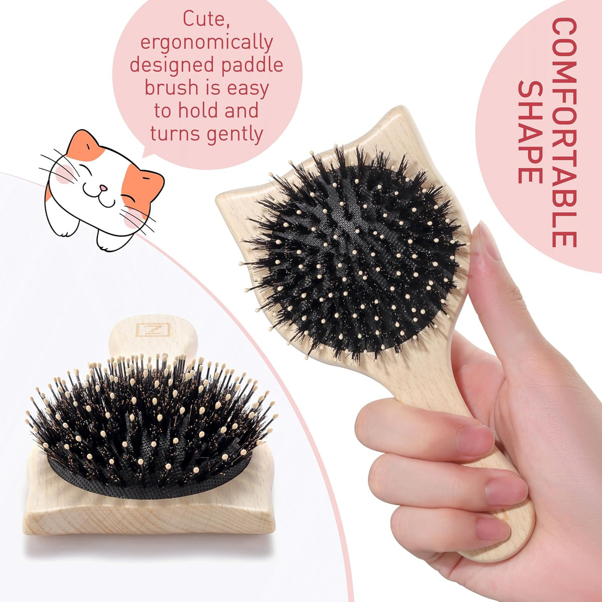Natural Boar Bristle Hair Brush Cat shape, mini size, portable, easy carry for Women, Men, Kids; Dry and Wet Detangling Hair Brush Gently Enhances Shine, for Fine and Straight, Thick and Curly Hair