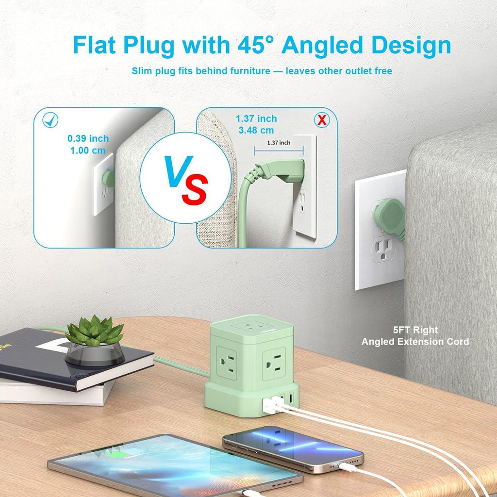 TOPREK Power Strip with USB, 5 Outlets, 2 USB-C and 2 USB-A, 5FT Flat Extension Cord with Ultra Thin Wall Plug for Tight Spaces, Compact Surge Protector Power Strip for Home Office Dorm Travel