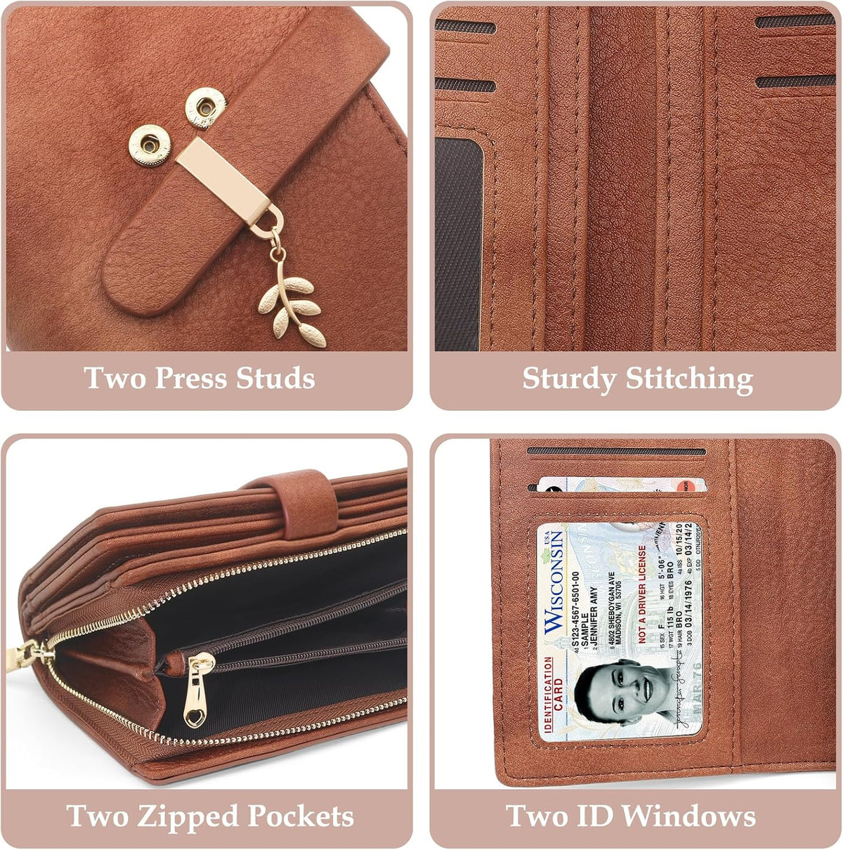 RFID Blocking Trifold Wallet for Women PU Leather Credit Card Holder Brown
