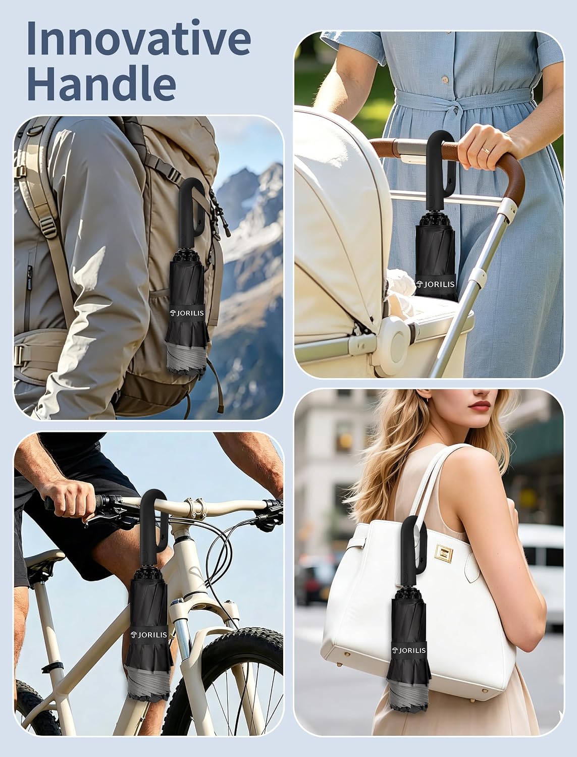 Jorilis Inverted Umbrella with Carabiner Handle, Windproof UV Sun & Rain