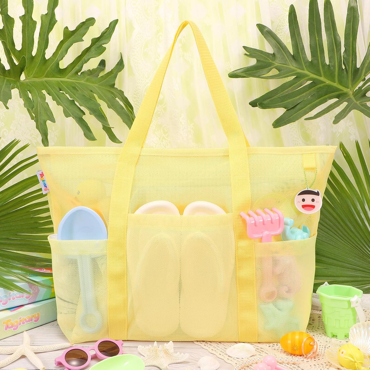 Tagitary Mesh Beach Bag with Zipper and 8 Pockets Yellow & Pink, Large Beach Tote Waterproof Sandproof for Camping Sports Pool Swim Bag Foldable Beach Accessories Storage Travel Bag