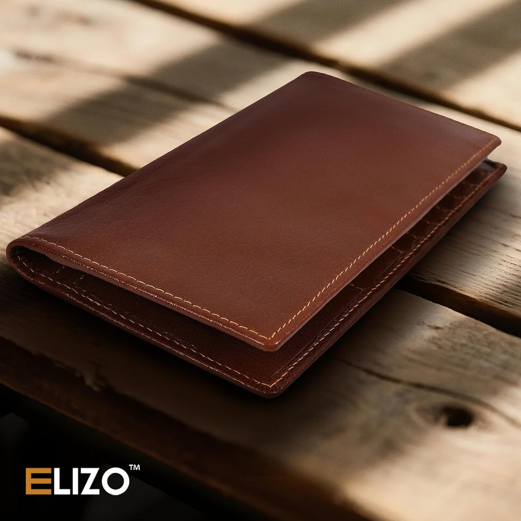 ELIZO Men's Genuine Leather Long Wallet - RFID Blocking Rodeo Checkbook Wallet | Western Bifold Wallet with 16 Card Slots, ID Window | Top Grain Leather Cowboy Wallet | Tequila
