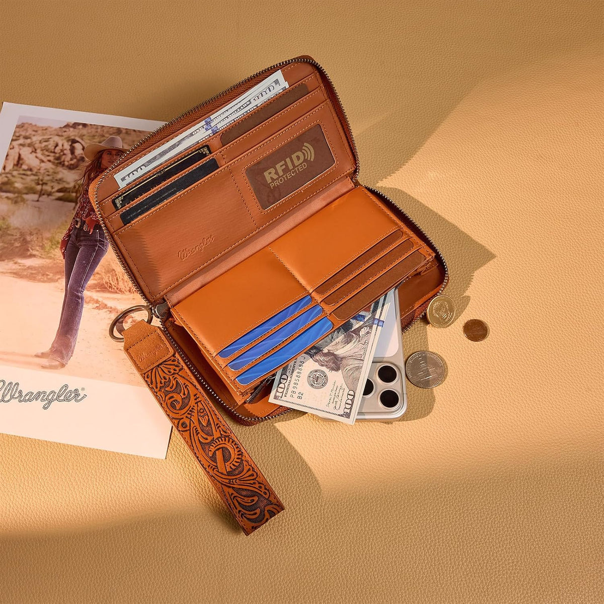 Wrangler Wristlet Wallet, Women Clutch Purses RFID Blocking with Aztec Boho Western Wrist Strap, Wristlet Purse with Zipper Pocket Card Holder for Women Girls Casual Travel Daily, WG310-W006BR