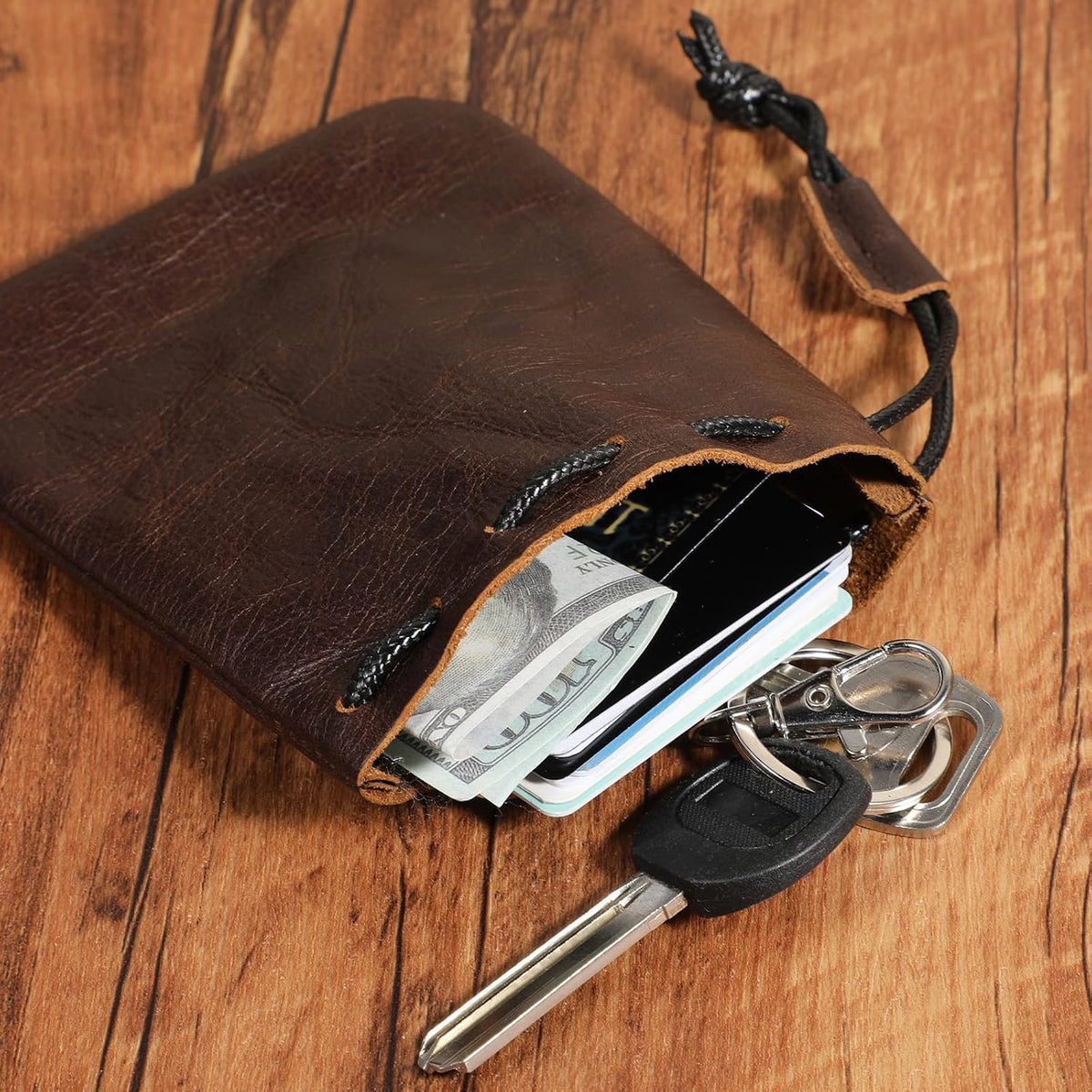 Drawstring Cowhide Bag, Leather Storage Bags Waterproof Pouch