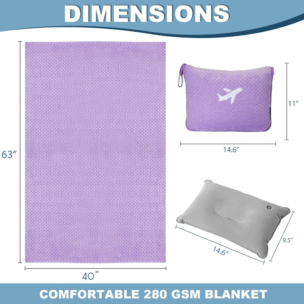3 in 1 Travel Pillow and Blanket Set - 280 GSM Travel Blanket Airplane Compact with Bag, Inflatable Travel Pillow, Packable Airplane Blanket, Luggage Sleeve & Backpack Clip (Light Purple)
