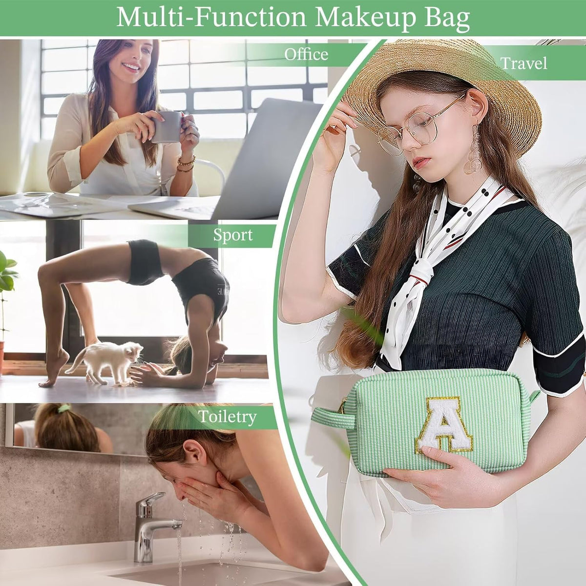 YOOLIFE Gifts for Women Teen Girls Kids - Initial Makeup Bag Cosmetic Case Toiletry Pouch, Birthday Gifts for Women Friends Sister Teacher, Light Green K