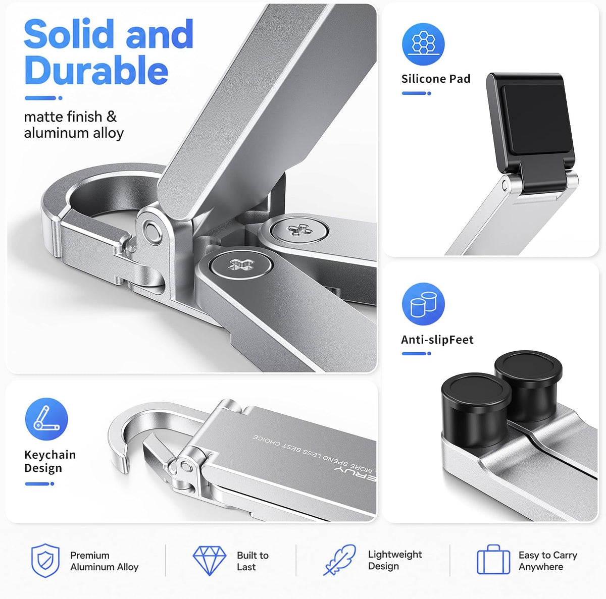 Portable Foldable Pocket Phone Stand with Keychain for Desk Travel(Silver)
