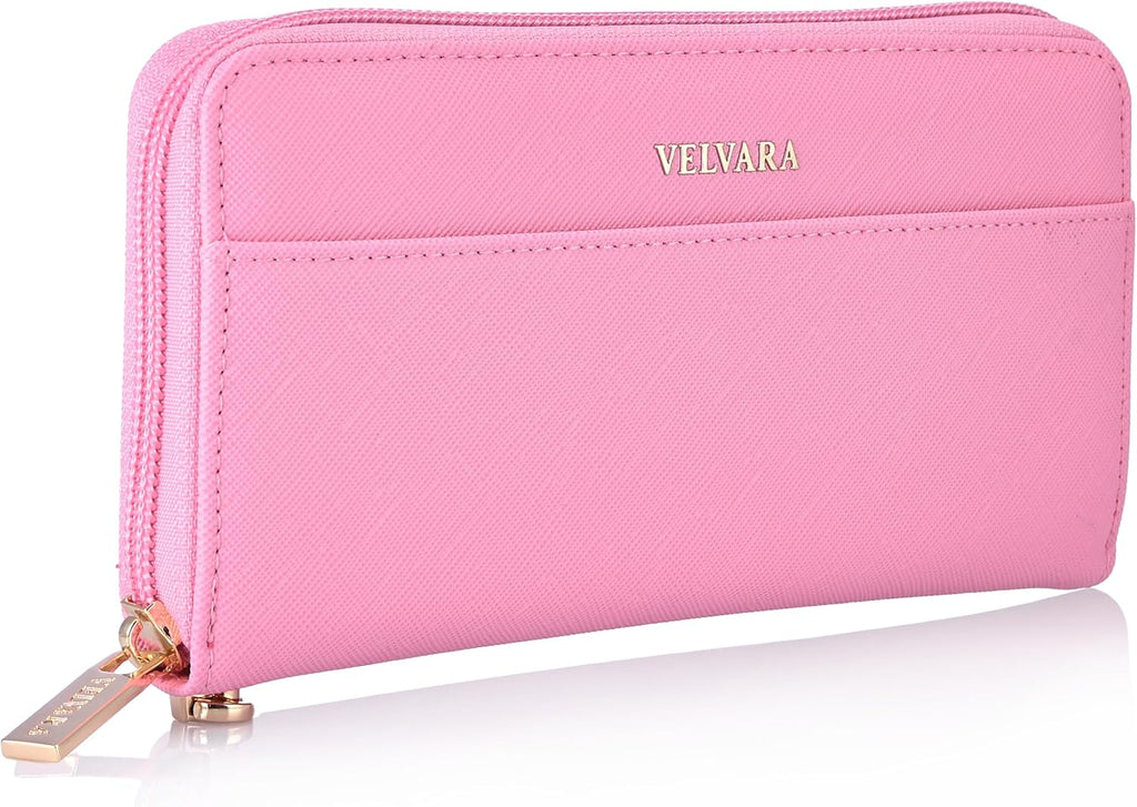 Women’s RFID Blocking Wristlet Wallet, Slim PU Leather Bifold Card Holder with Zip-Around Closure and Wrist Strap, Pink