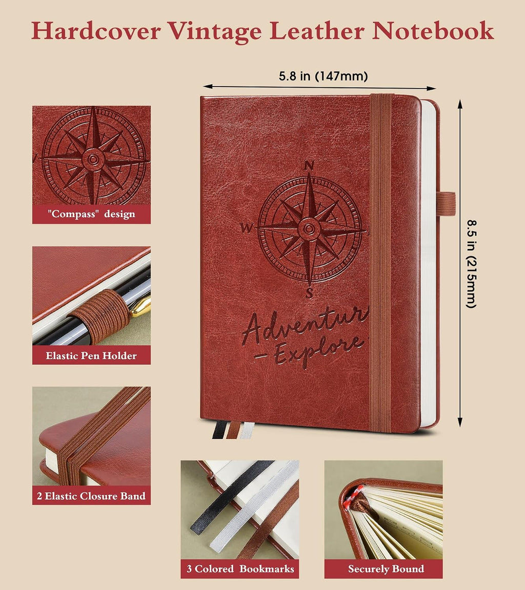 PAIBAS A5 Lined Journal, Leather Bound Notebook for Work & Travel 5.8"×8.5"
