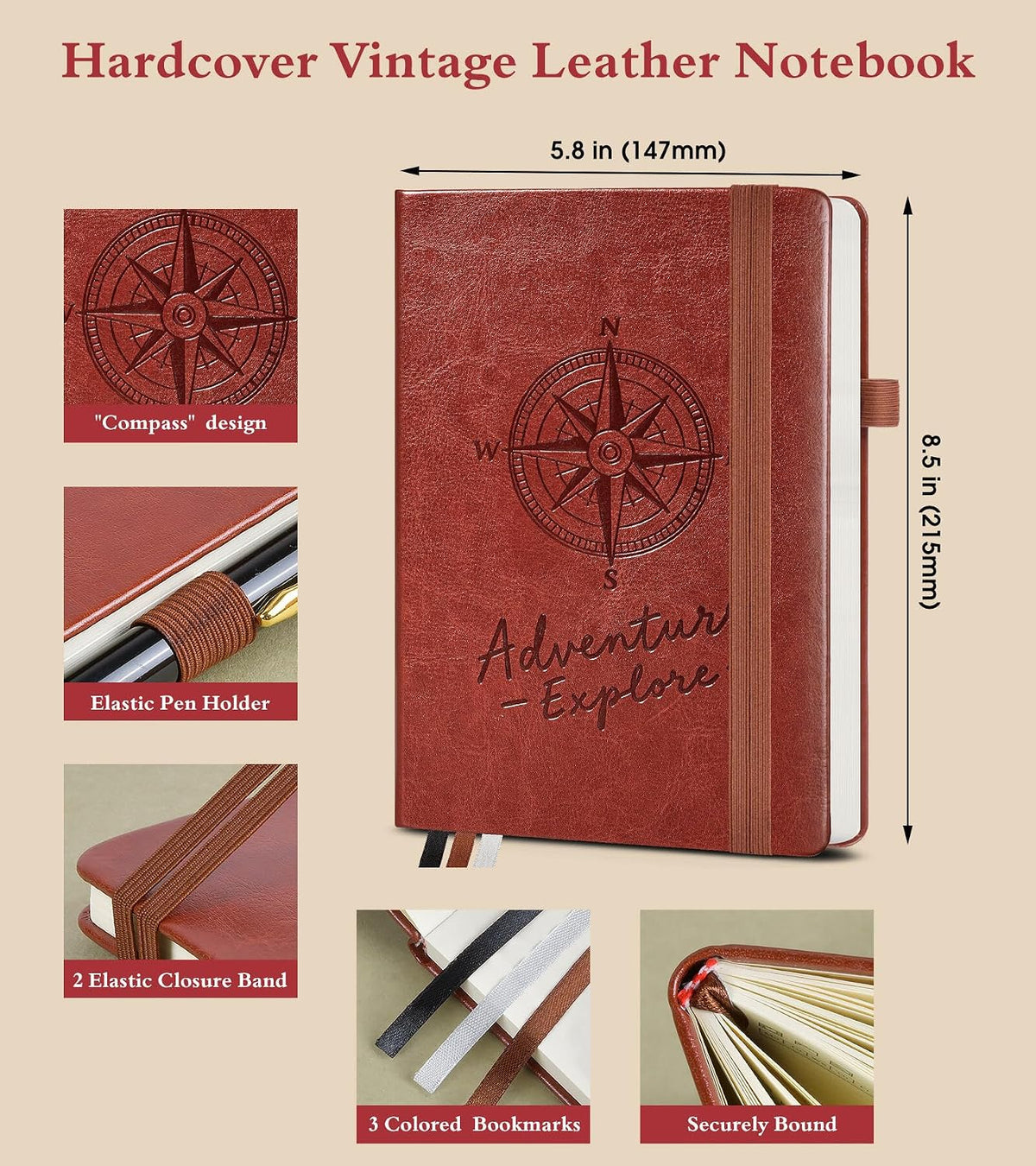 PAIBAS A5 Lined Journal, Leather Bound Notebook for Work & Travel 5.8"×8.5"
