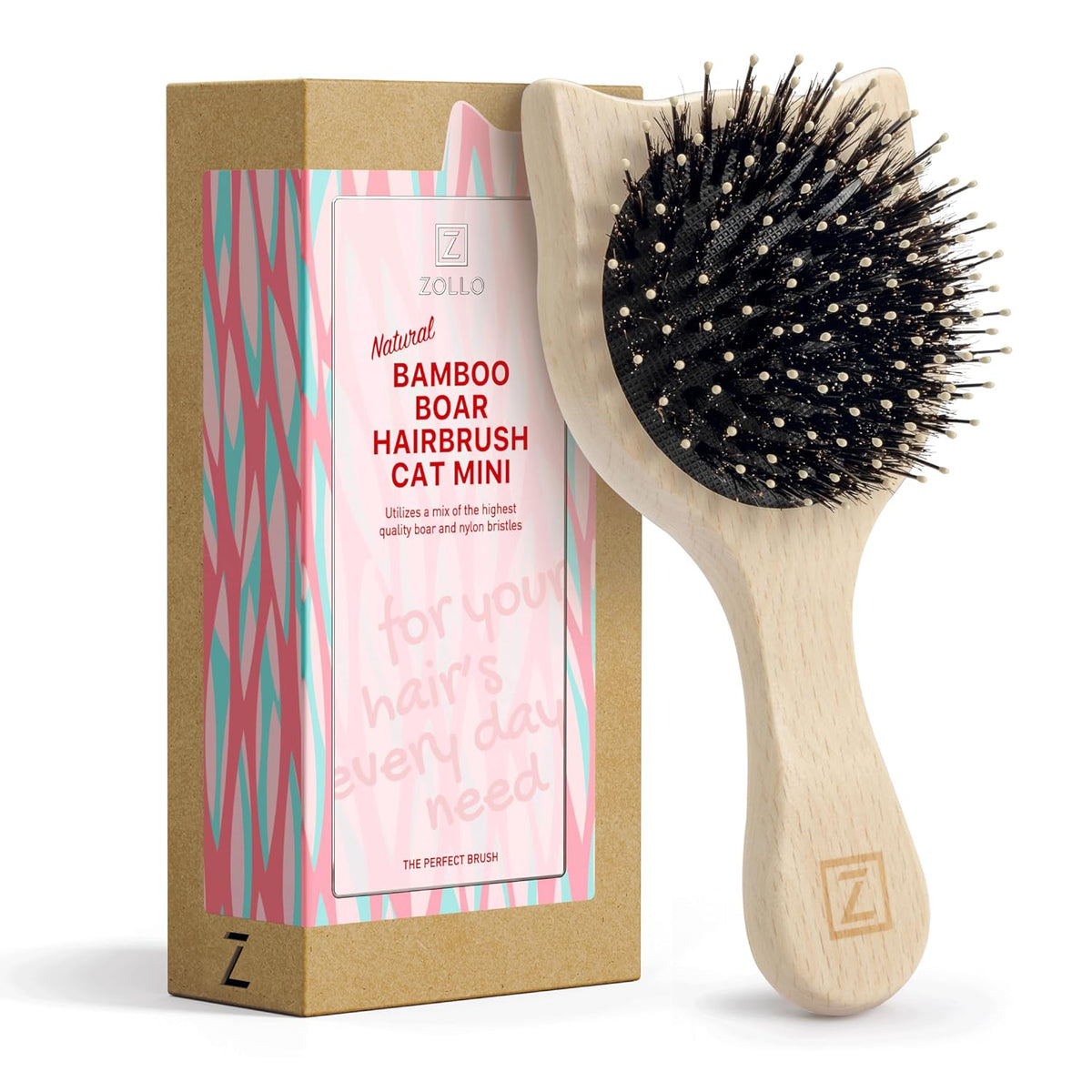 Natural Boar Bristle Hair Brush Cat shape, mini size, portable, easy carry for Women, Men, Kids; Dry and Wet Detangling Hair Brush Gently Enhances Shine, for Fine and Straight, Thick and Curly Hair