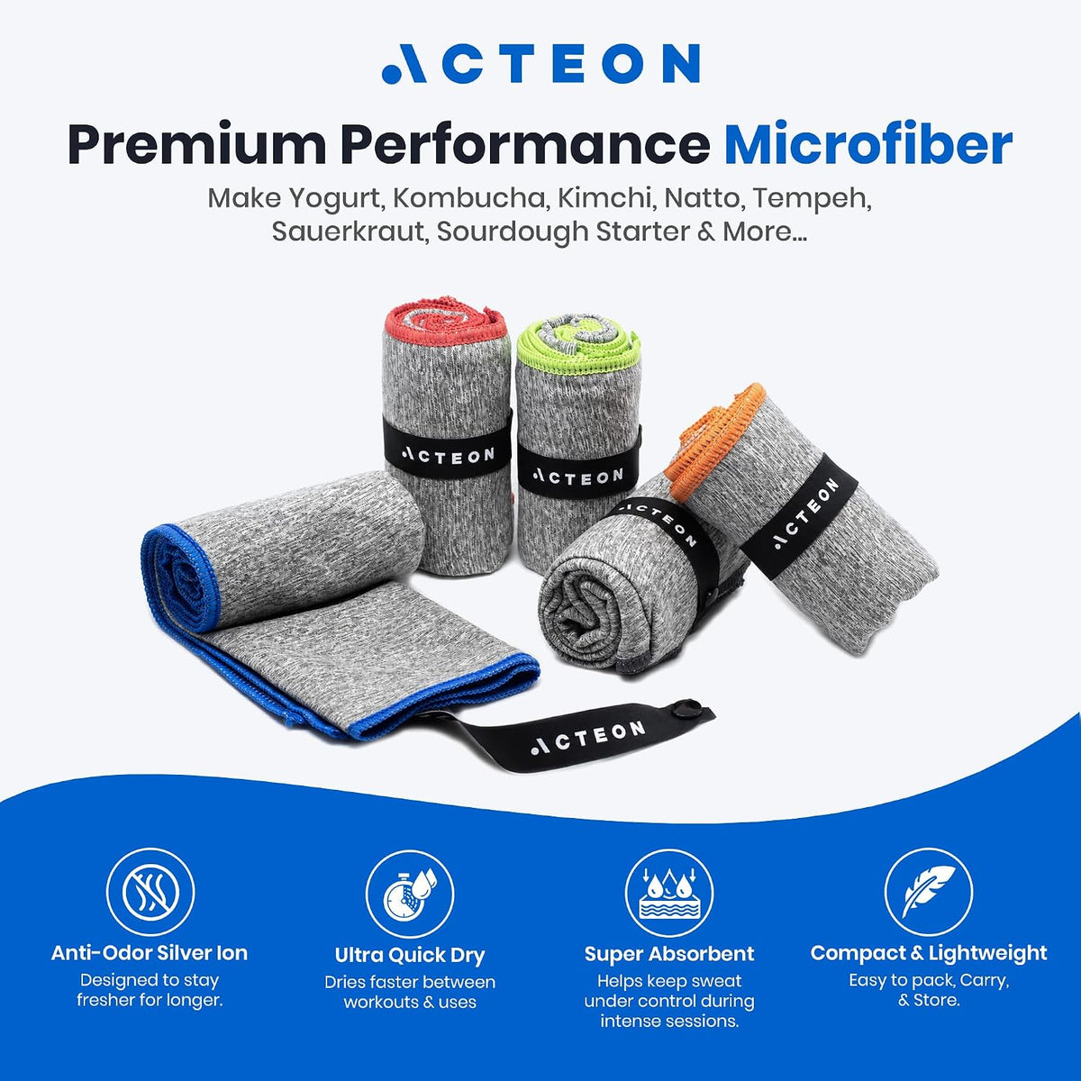 Acteon Microfiber Gym Towels 15 Pack, Quick Dry Silver ION Odor-Free Sweat Towel, Super Absorbent Fast Drying for Men & Women, Workout, Yoga, Running, Hiking, Travel – 16x30.5 Inch