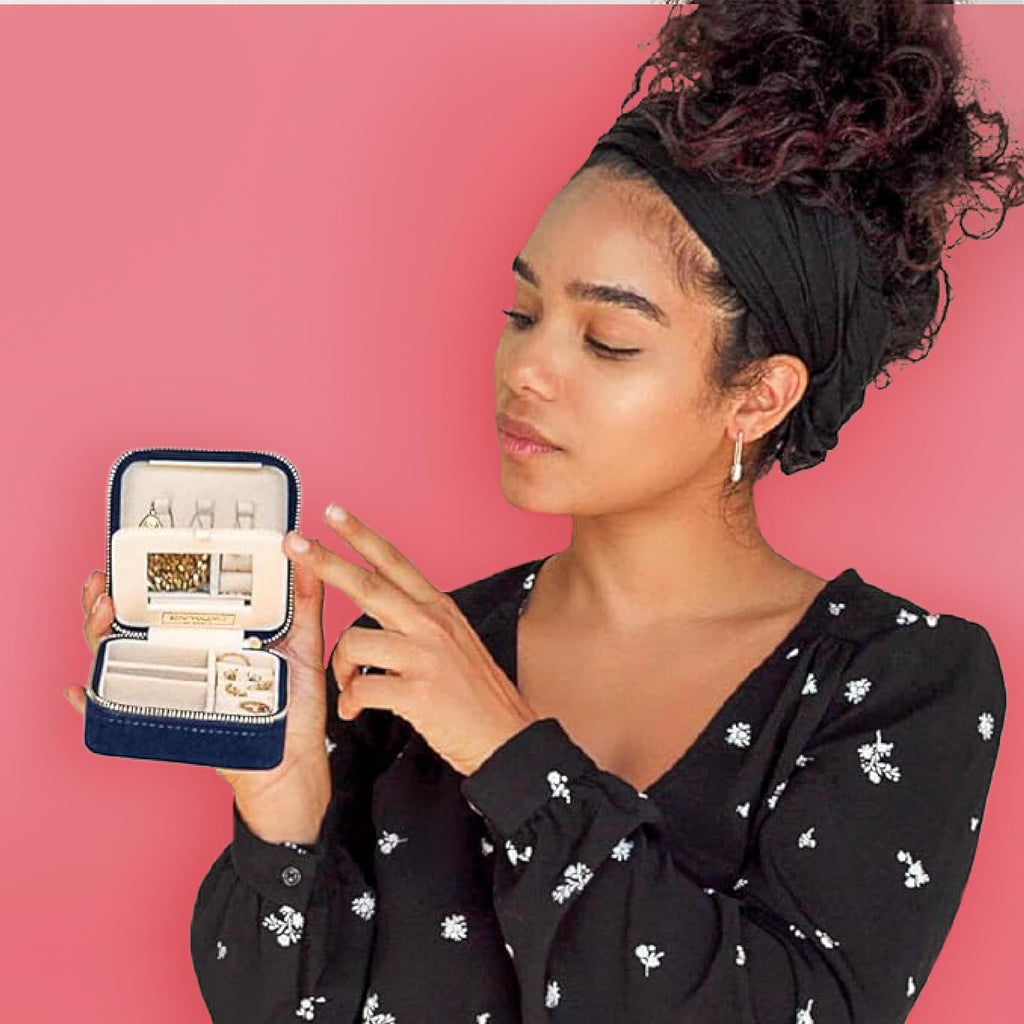 Benevolence LA Featured in Oprah's Favorite Things Plush Velvet Travel Jewelry Box – Jewelry Organizer Case with Mirror – Birthday Gifts for Women – Navy Blue