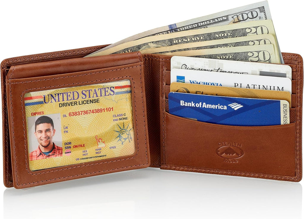 Stealth Mode Leather Bifold Wallet for Men With ID Window and RFID Blocking (Brown Crunch)
