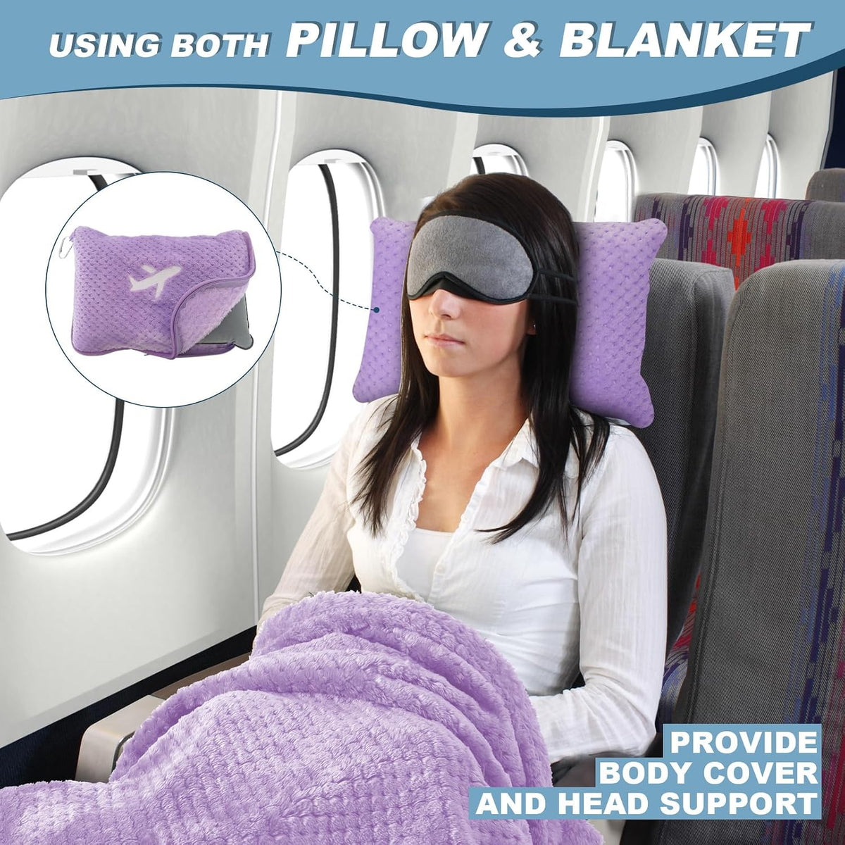 3 in 1 Travel Pillow and Blanket Set - 280 GSM Travel Blanket Airplane Compact with Bag, Inflatable Travel Pillow, Packable Airplane Blanket, Luggage Sleeve & Backpack Clip (Light Purple)