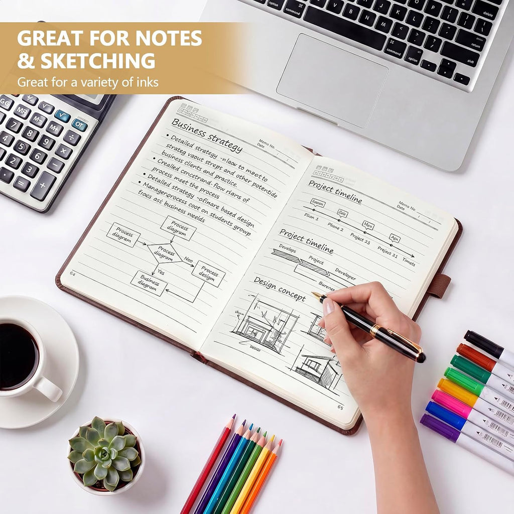 Vintage Hardcover Leather Journal Notebook, A5 Lined Notebook for Business Work School, 224 Pages 100GSM Thick No Bleed Paper, 180° Lay Flay Premium Writing Notebook for Note Taking Daily Diary Travel (Brown)