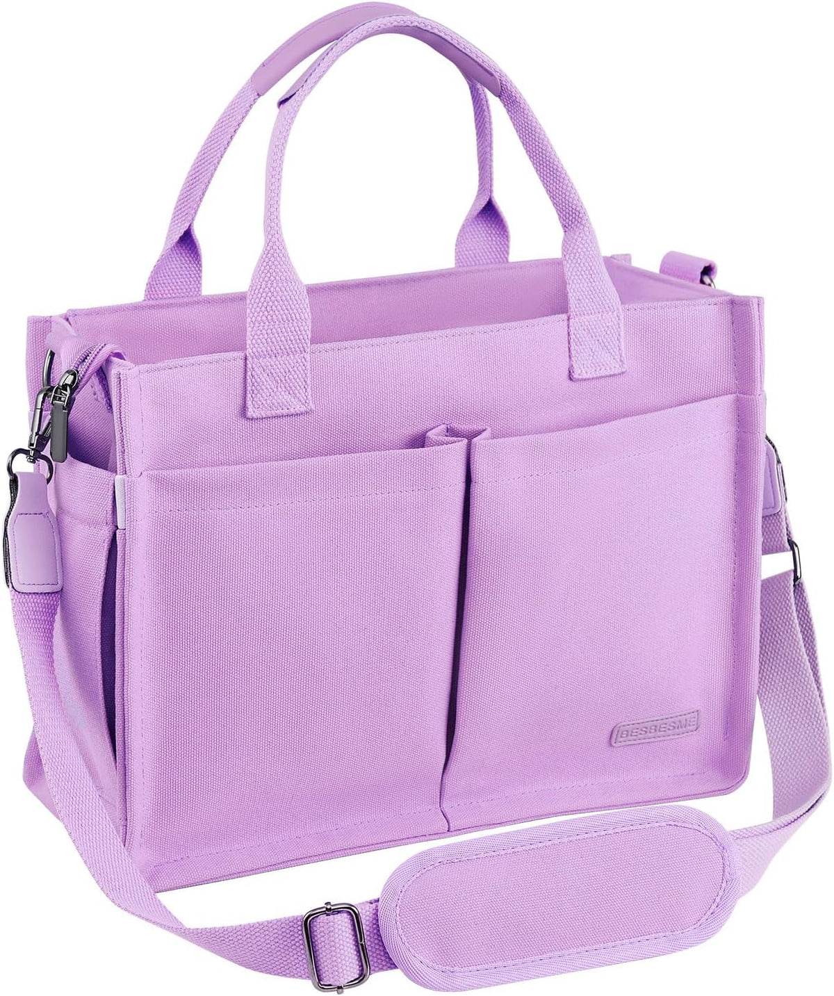 BESBESME Canvas Tote Bag for Women with Zipper, Work Laptop Purse with Compartments & Luggage Sleeve, Adjustable Strap