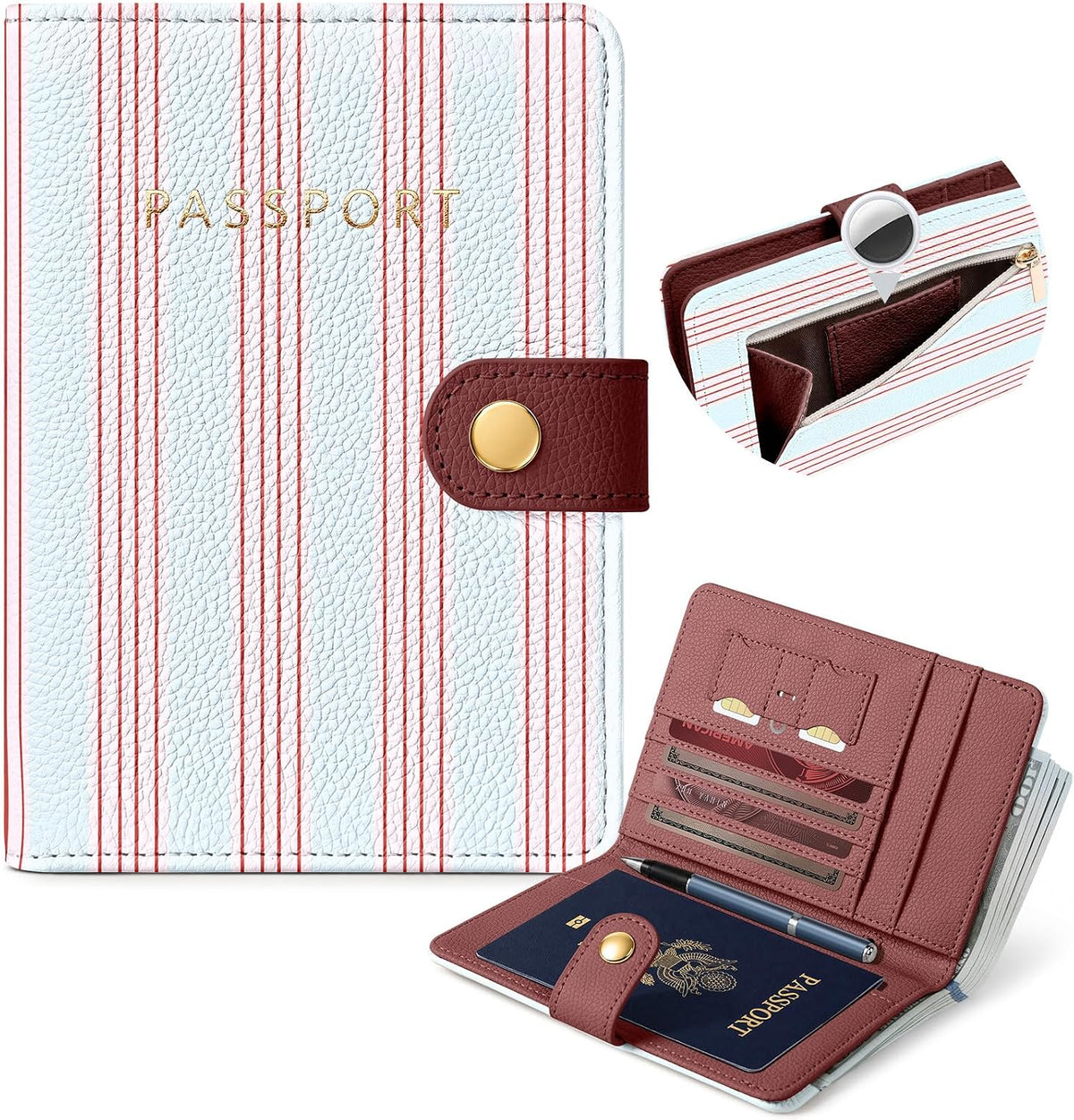 Slohif RFID Passport Holder for Travel with Airtag Hidden Slot Blue Stripe