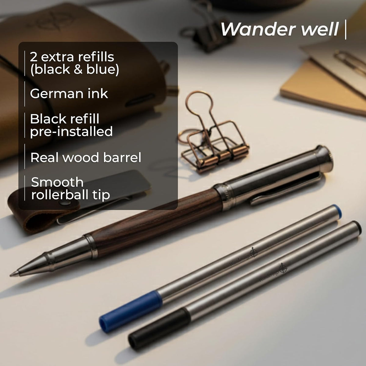 WANDERINGS A5 Travelers Notebook Bundle – 6" x 8.5" (15 x 22cm) – Genuine Leather Journal with Pen Holder, Pen, 2 Ink Refills, PVC Folder & Binder Clip