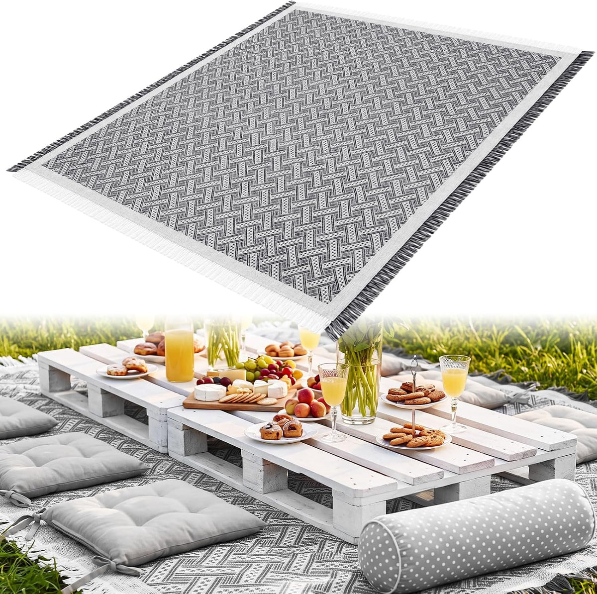1 Pack White Gray Extra Large Picnic Blanket, 71 x 91 Inches