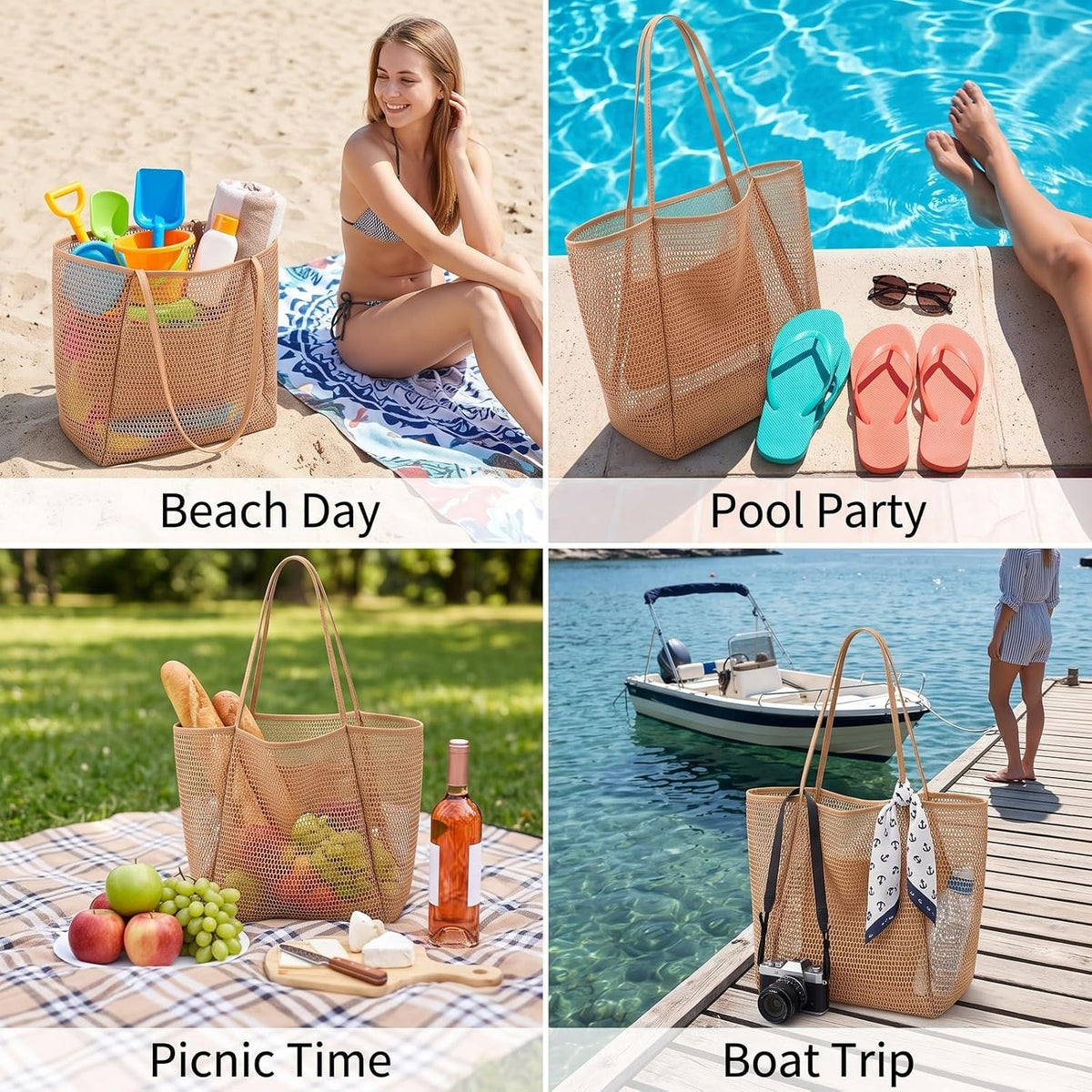 1 Pack Hollow Mesh Beach Tote Bag,Mesh Bag,Beach Bags For Women, Tote Bag For Women,Vacation Essentials
